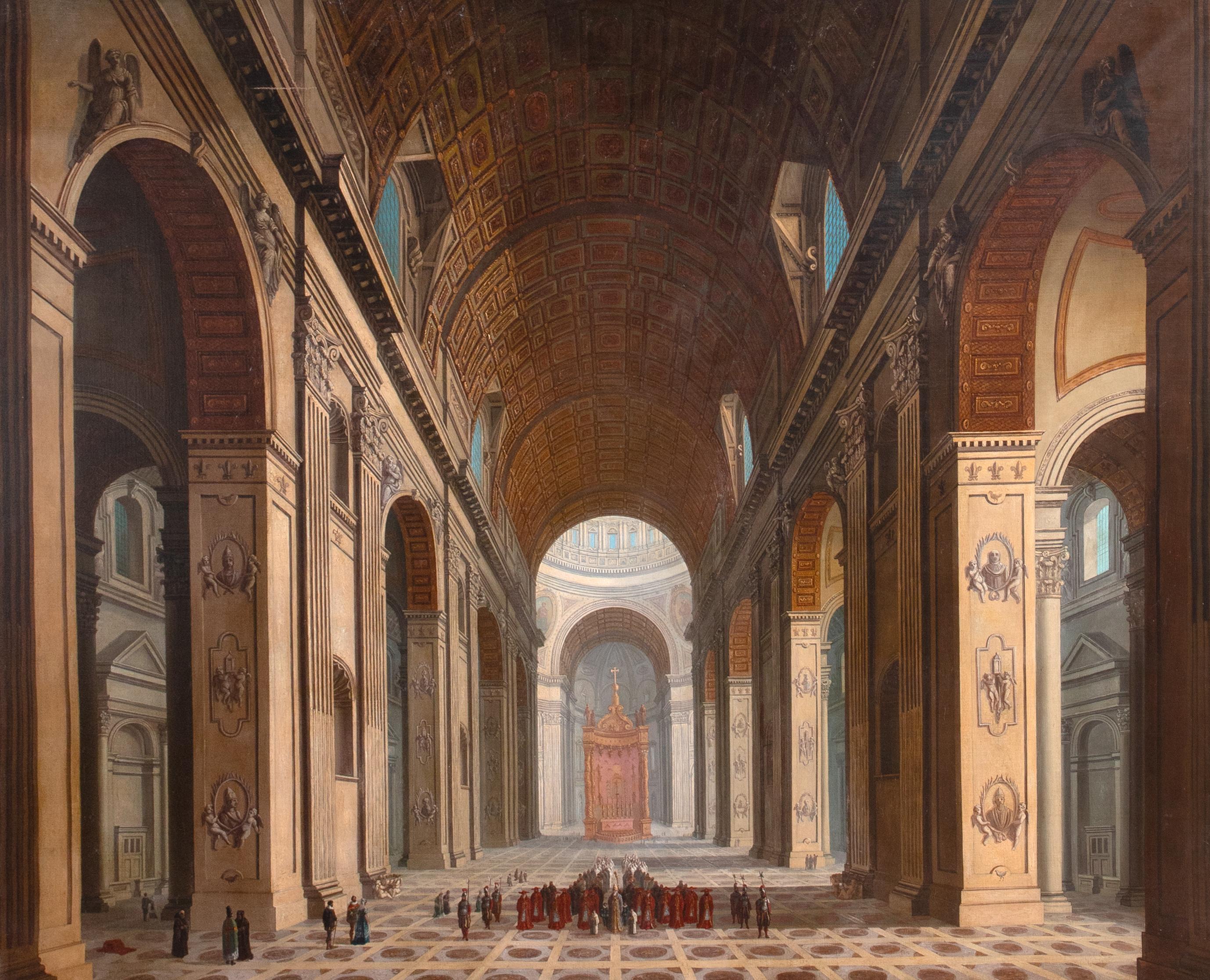 St Peters Basilica, Vatican City, Rome, 18th Century  Architectural Interior - Brown Interior Painting by Giovanni Paolo Panini