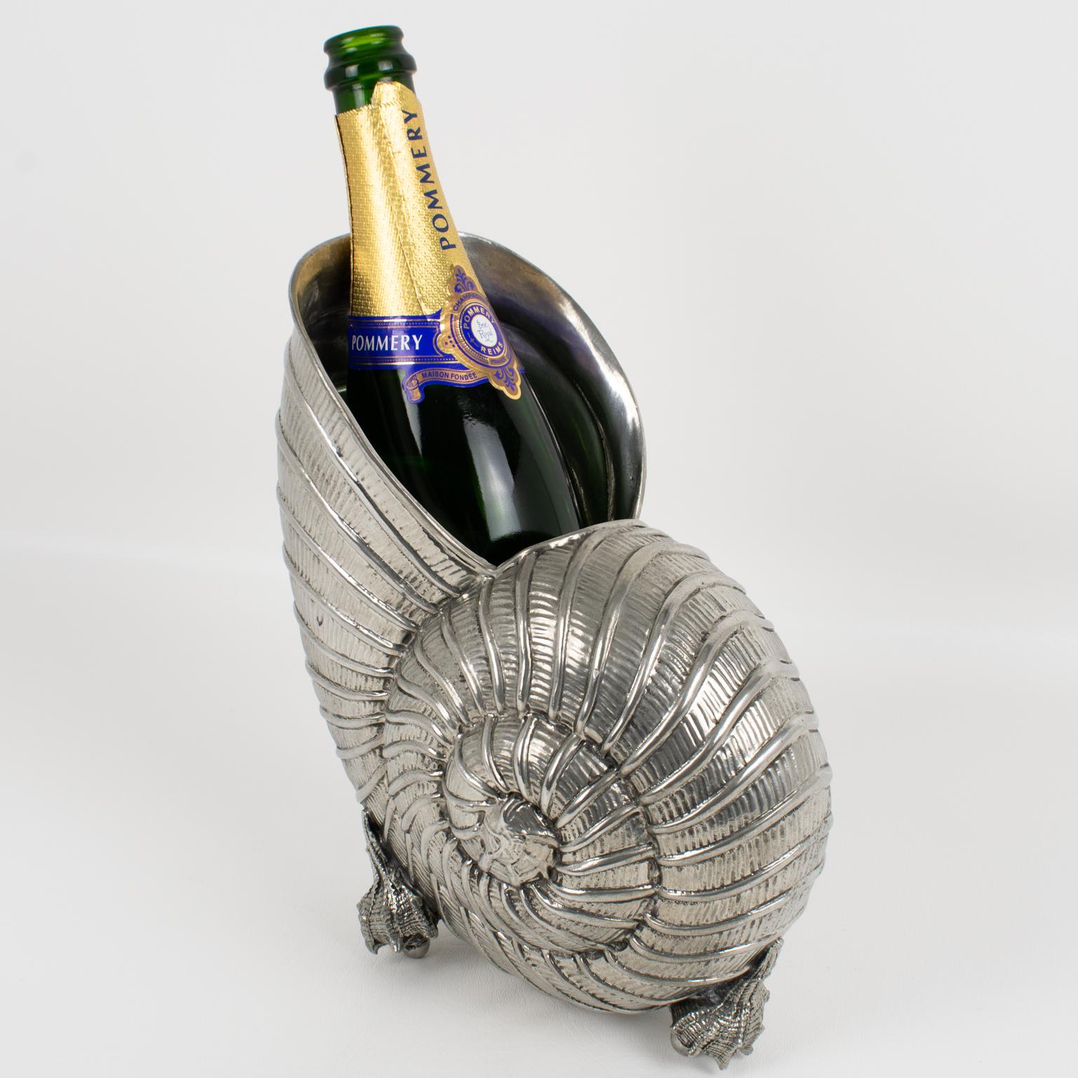Moderno Giovanni Patrini Italy Peltro Nautilus Shell Wine Cooler Secchiello per ghiaccio e champagne in vendita