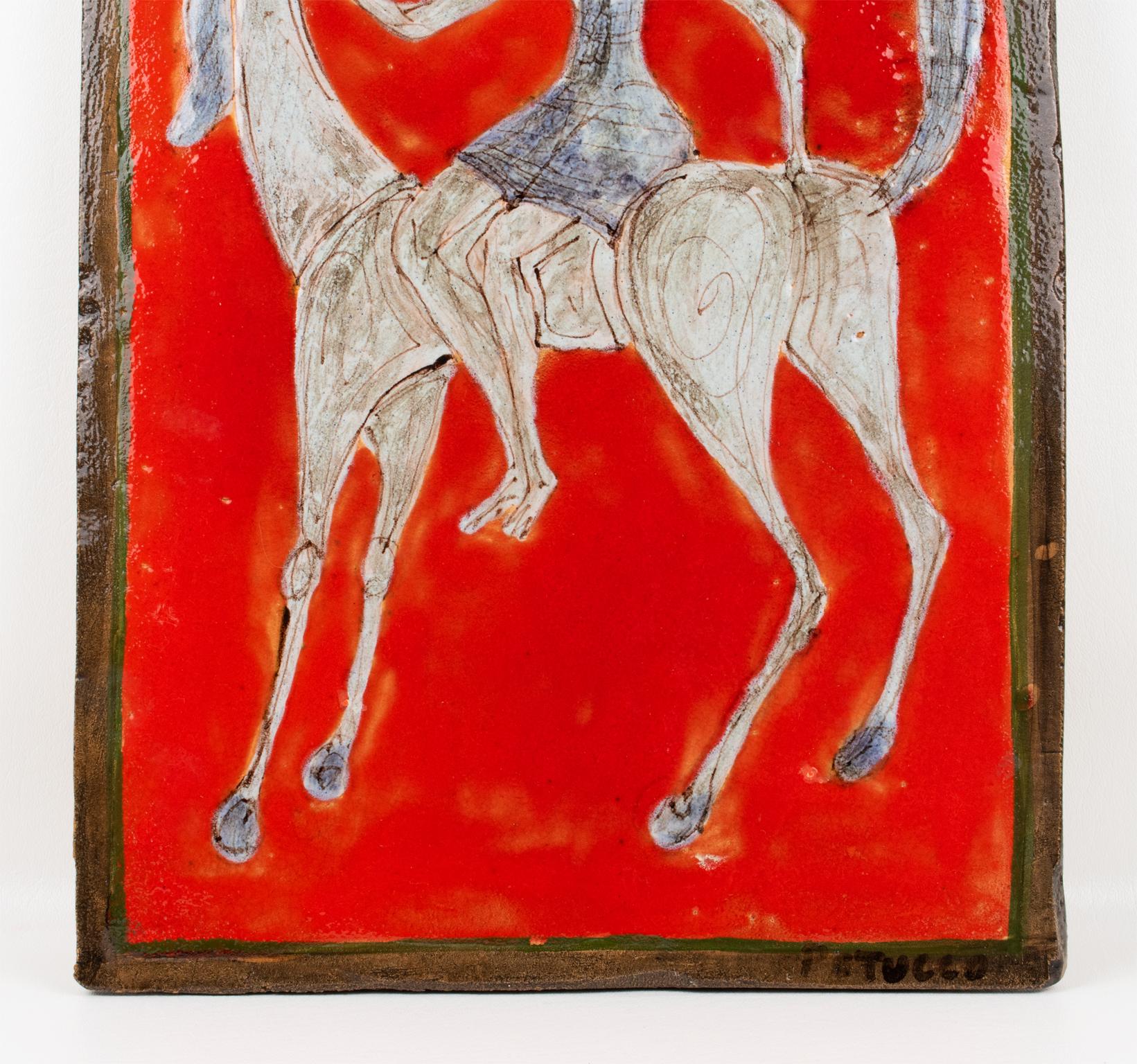 Giovanni Petucco Italy Ceramic Wall Tile of Woman on a Horse, 1950s 4