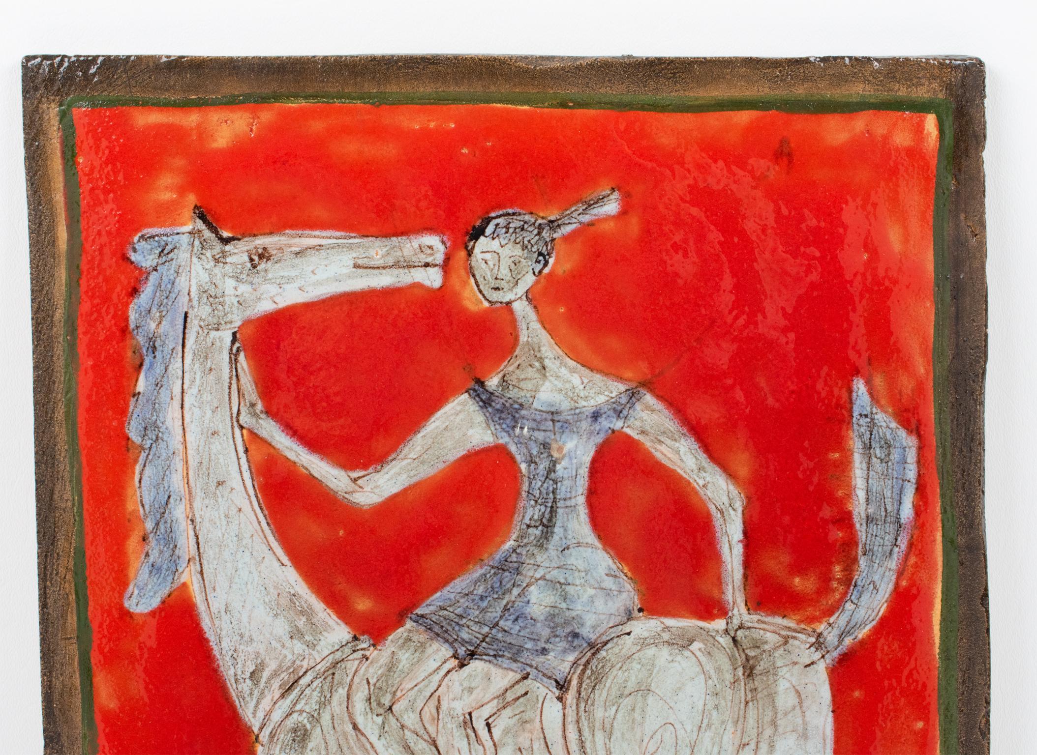 Mid-Century Modern Giovanni Petucco Italy Ceramic Wall Tile of Woman on a Horse, 1950s For Sale