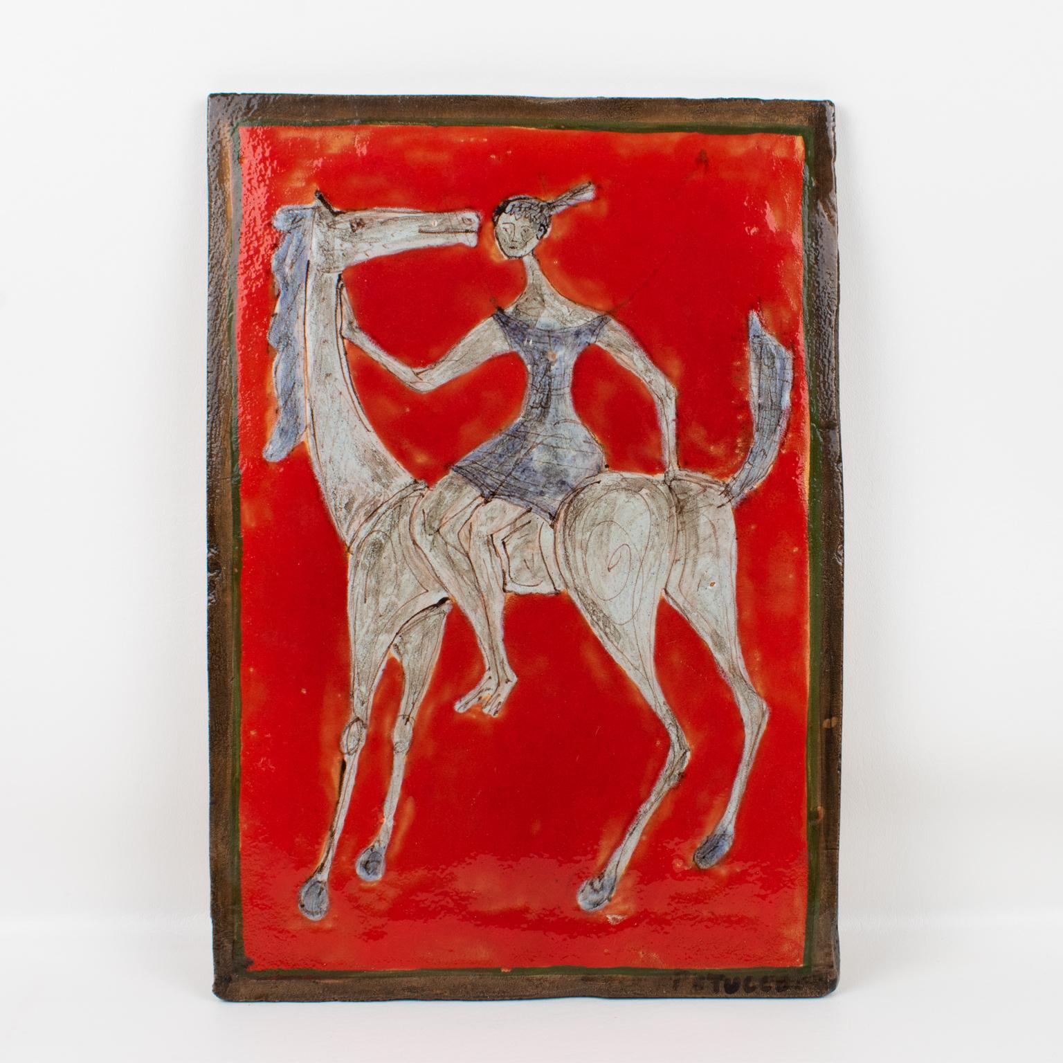 Giovanni Petucco Italy Ceramic Wall Tile of Woman on a Horse, 1950s In Good Condition In Atlanta, GA