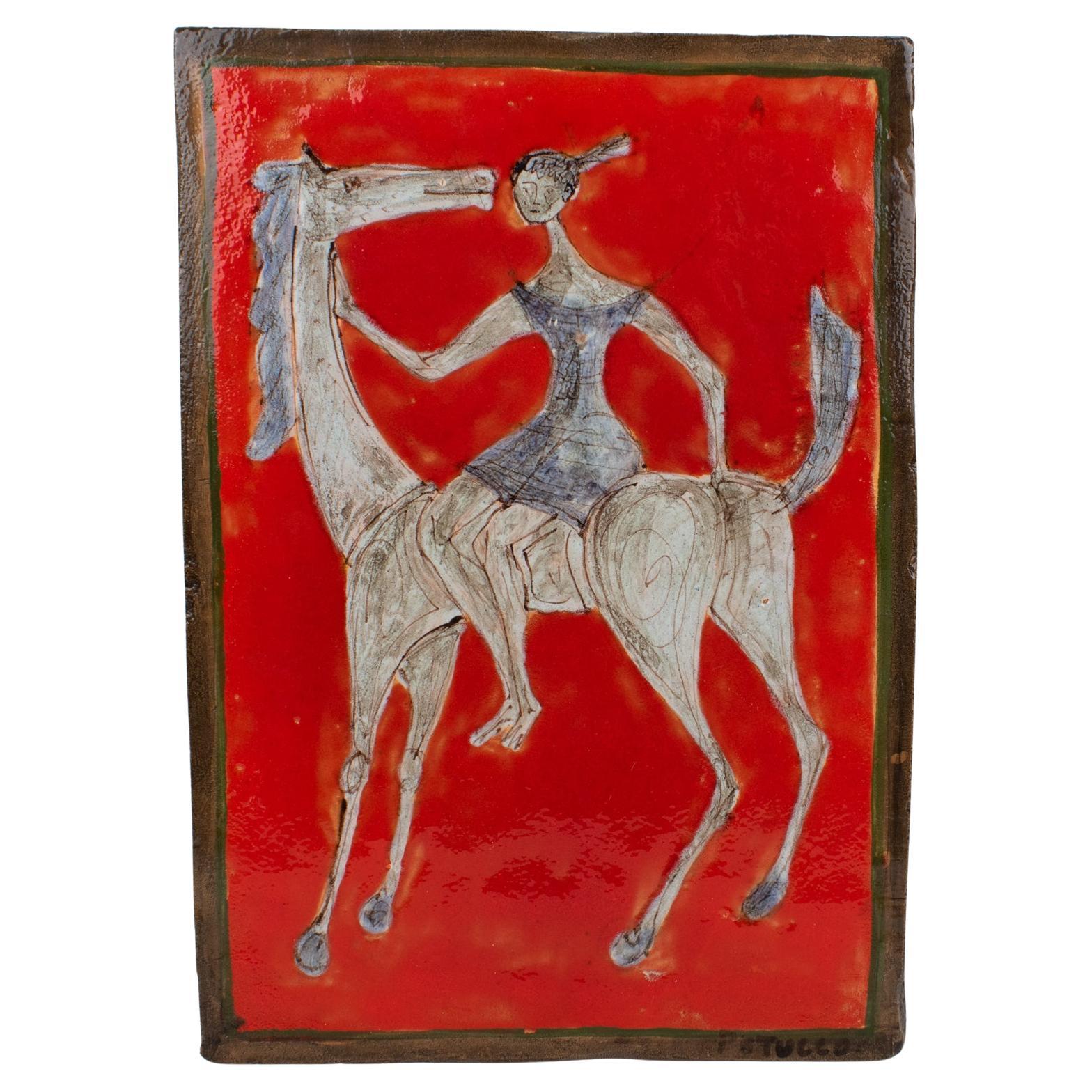 Giovanni Petucco Italy Ceramic Wall Tile of Woman on a Horse, 1950s For Sale