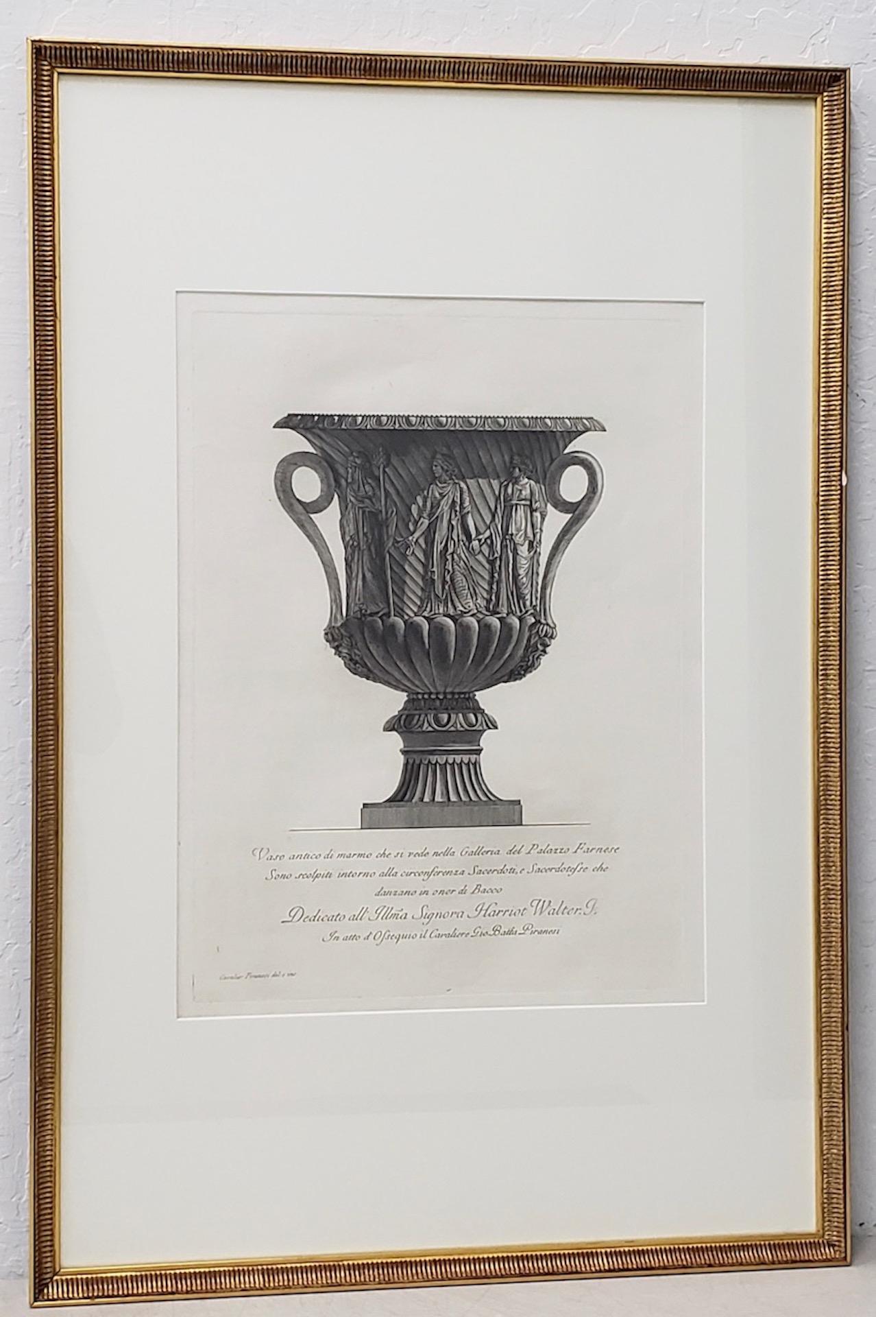 Giovanni Piranesi (Italian, 1720-1778) pair of framed marble vases etchings circa 1770s

Remarkable pair of etchings by noted Italian artist Giovanni Piranesi. These etchings are large and beautifully framed.

The plate marks measures 15.25