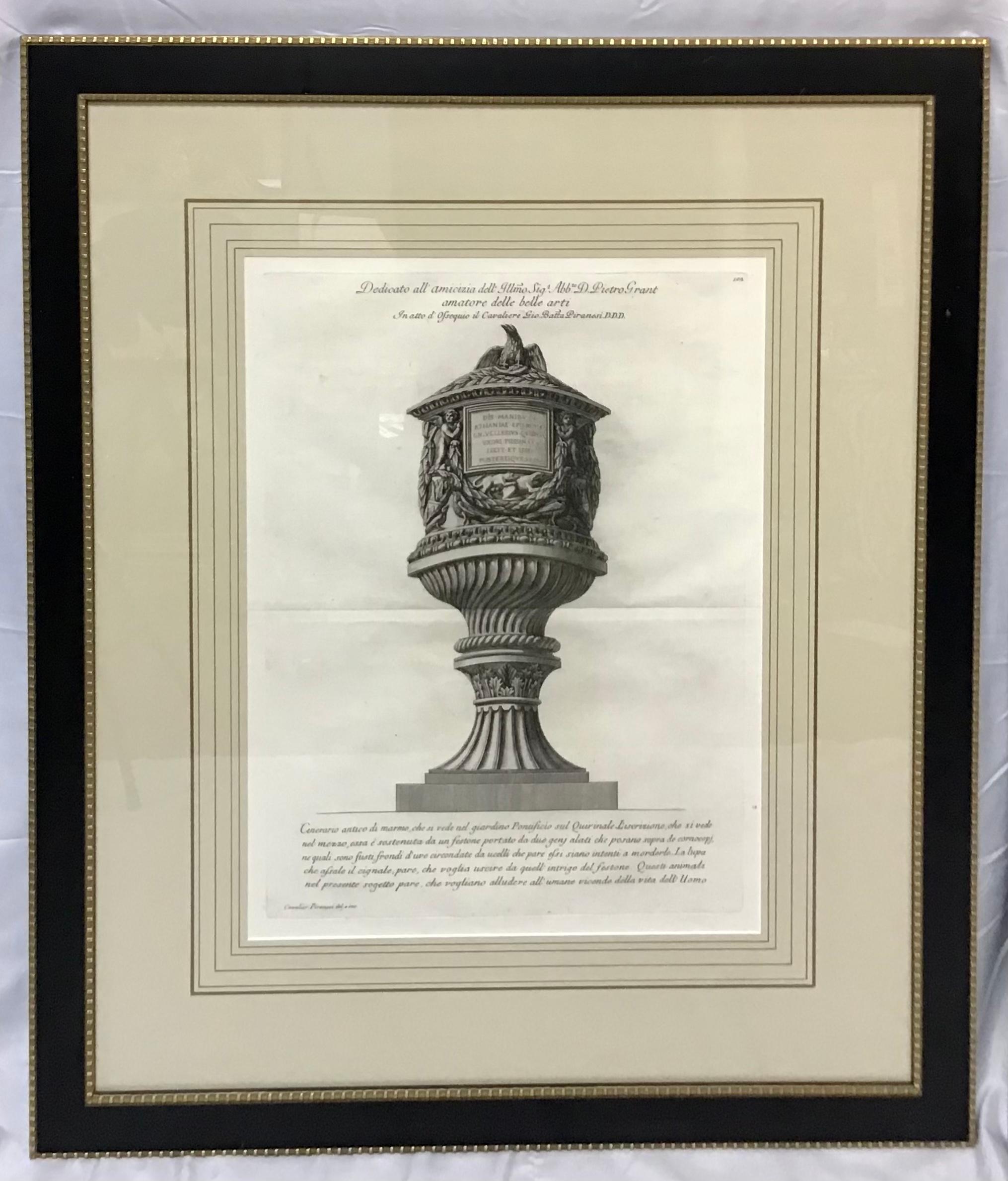 Giovanni Piranesi, Pair of Framed Marble Vases Etchings In Good Condition In Bradenton, FL