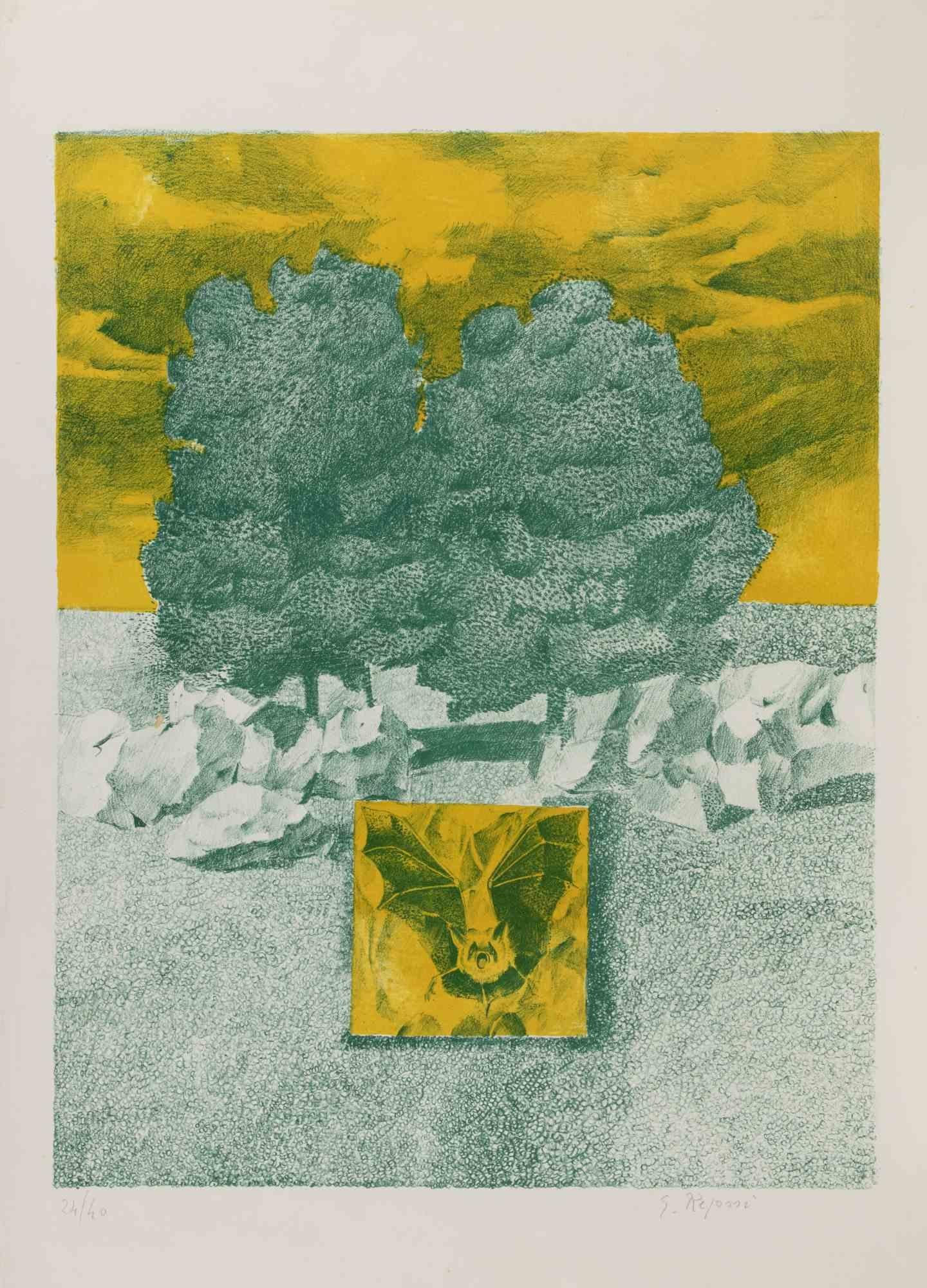 Lithograph on paper.

Hand signed and numbered in pencil.

Edition of 40.

Very good condition.

In this striking composition, Giovanni Repossi presents a contemplative landscape reduced to essential forms and bold chromatic contrasts. The upper