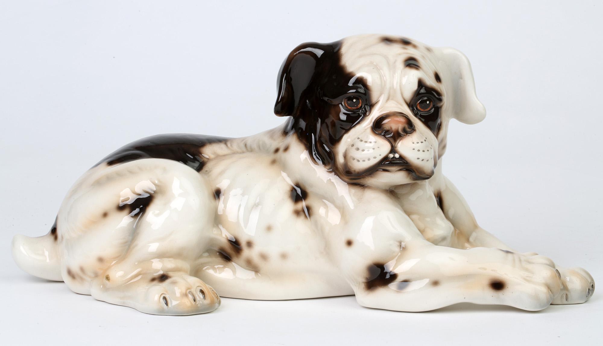 Mid-Century Modern Giovanni Ronzan Italian Midcentury Art Pottery Resting Dog Figure For Sale