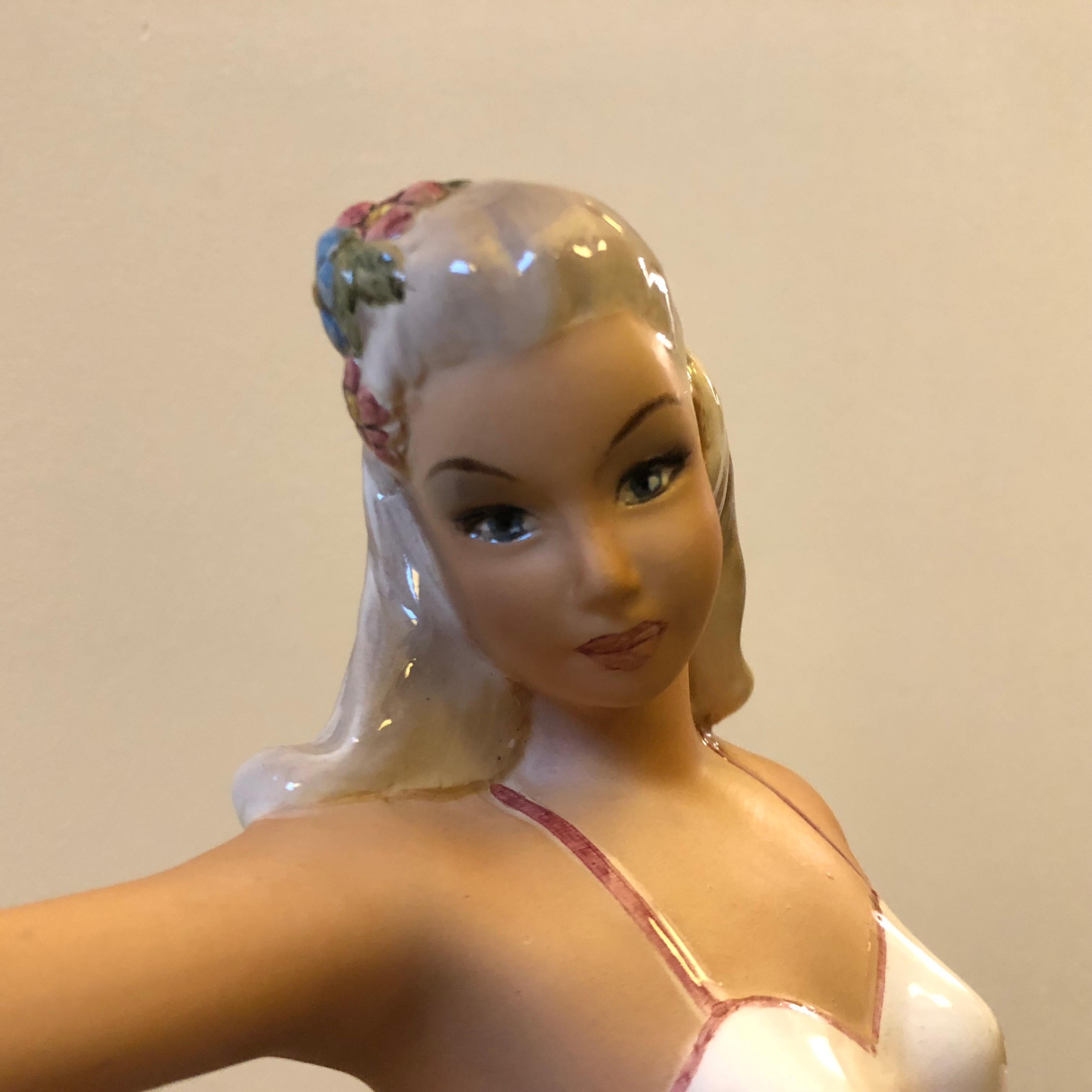 Mid-Century Modern Giovanni Ronzan Italian Polychrome Ceramic Statue of a Young Lady, circa 1950
