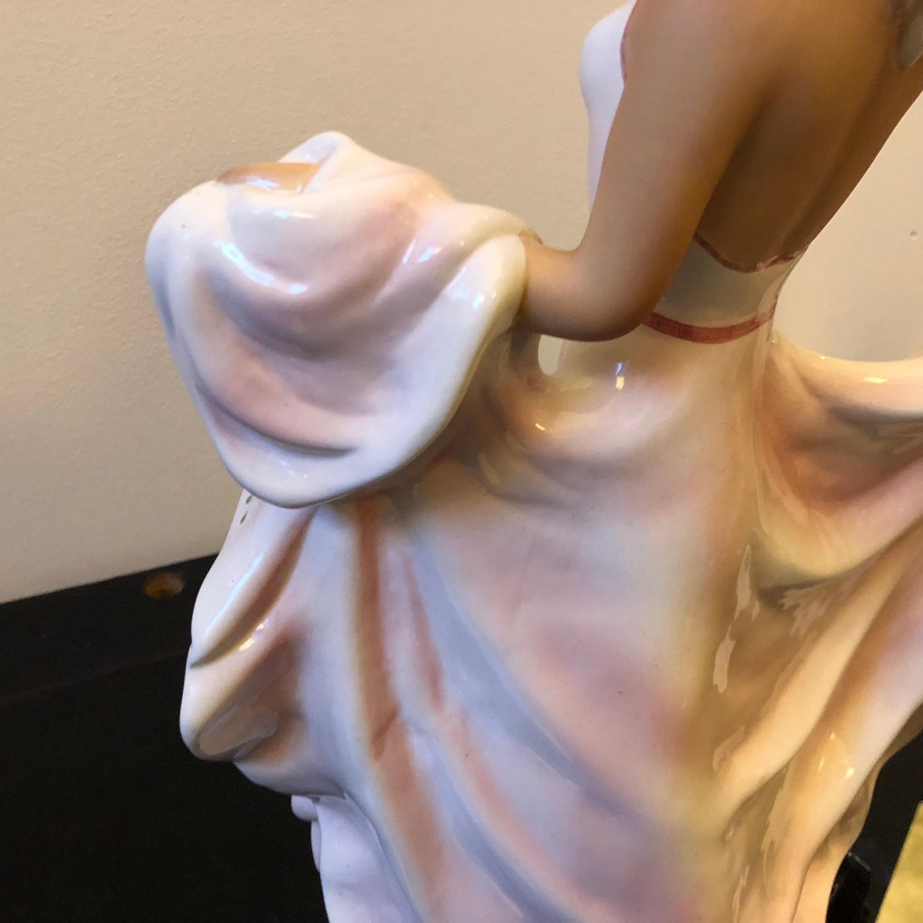 Hand-Crafted Giovanni Ronzan Italian Polychrome Ceramic Statue of a Young Lady, circa 1950