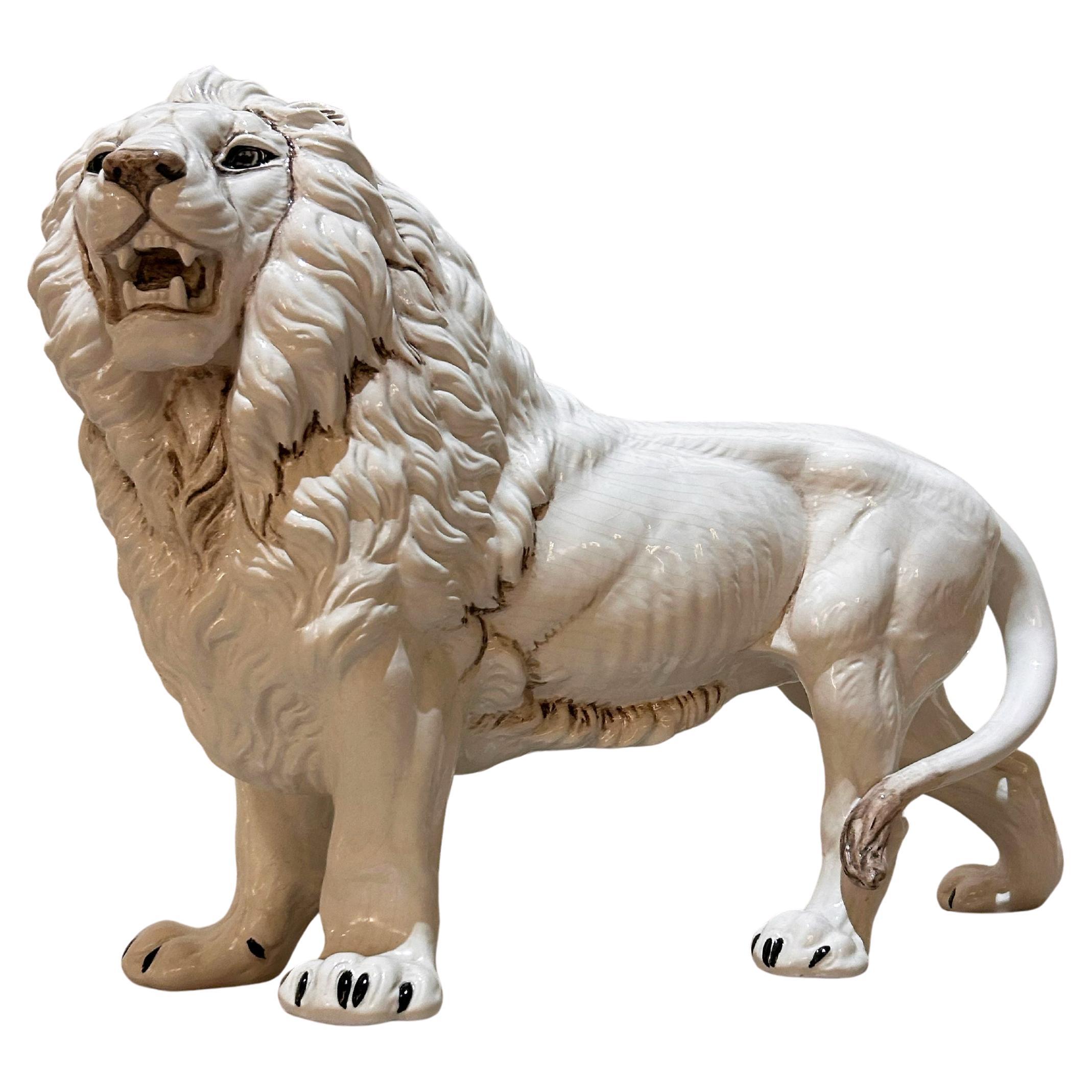 Roaring Lion Sculpture by Ronzan, White Ceramic, Italy, 1952 For Sale