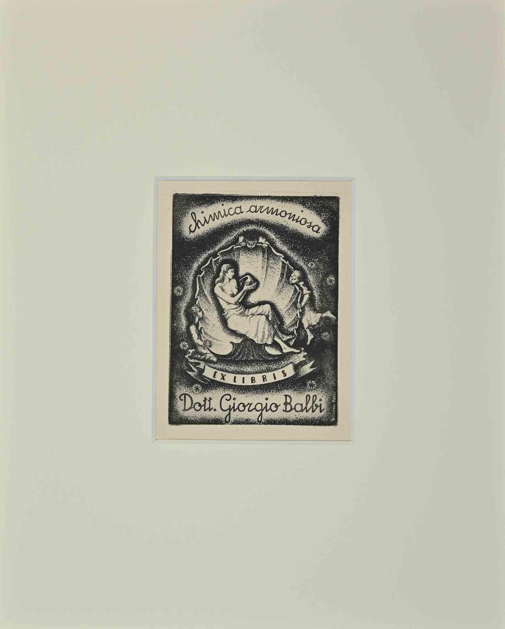 Ex Libris  - Giorgio Balbi - Chimica Armoniosa - Acquaforte  - Metà del XX secolo