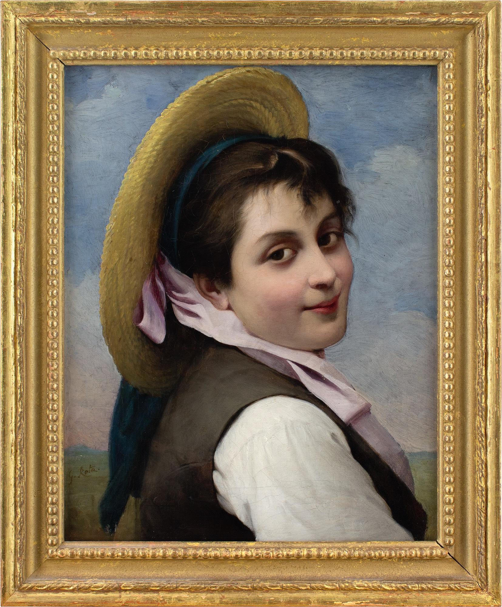 Questo bel dipinto a olio della fine del XIX secolo dell'artista italiano Giovanni Rota (1832-1900) raffigura un'allegra fanciulla che si guarda alle spalle con un cappello di paglia e un nastro lilla.

Radiose, effusive e accattivanti, le vivaci