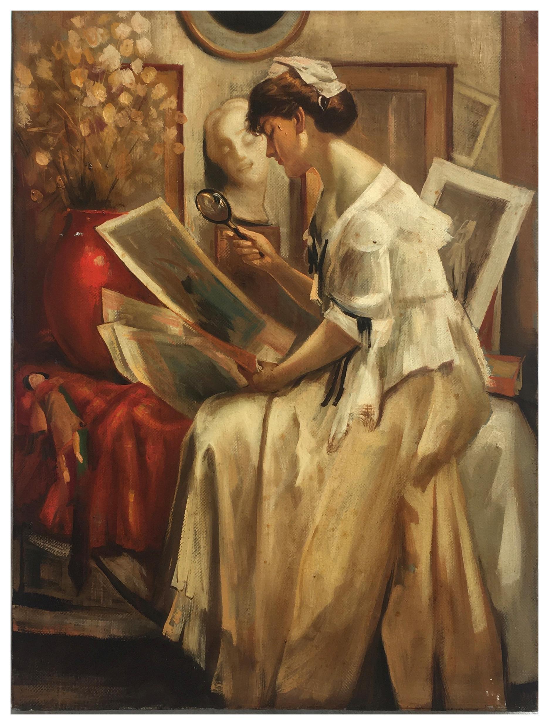 LADY READING - French School - Figurative Italian Oil on canvas painting - Painting by Giovanni Santaniello