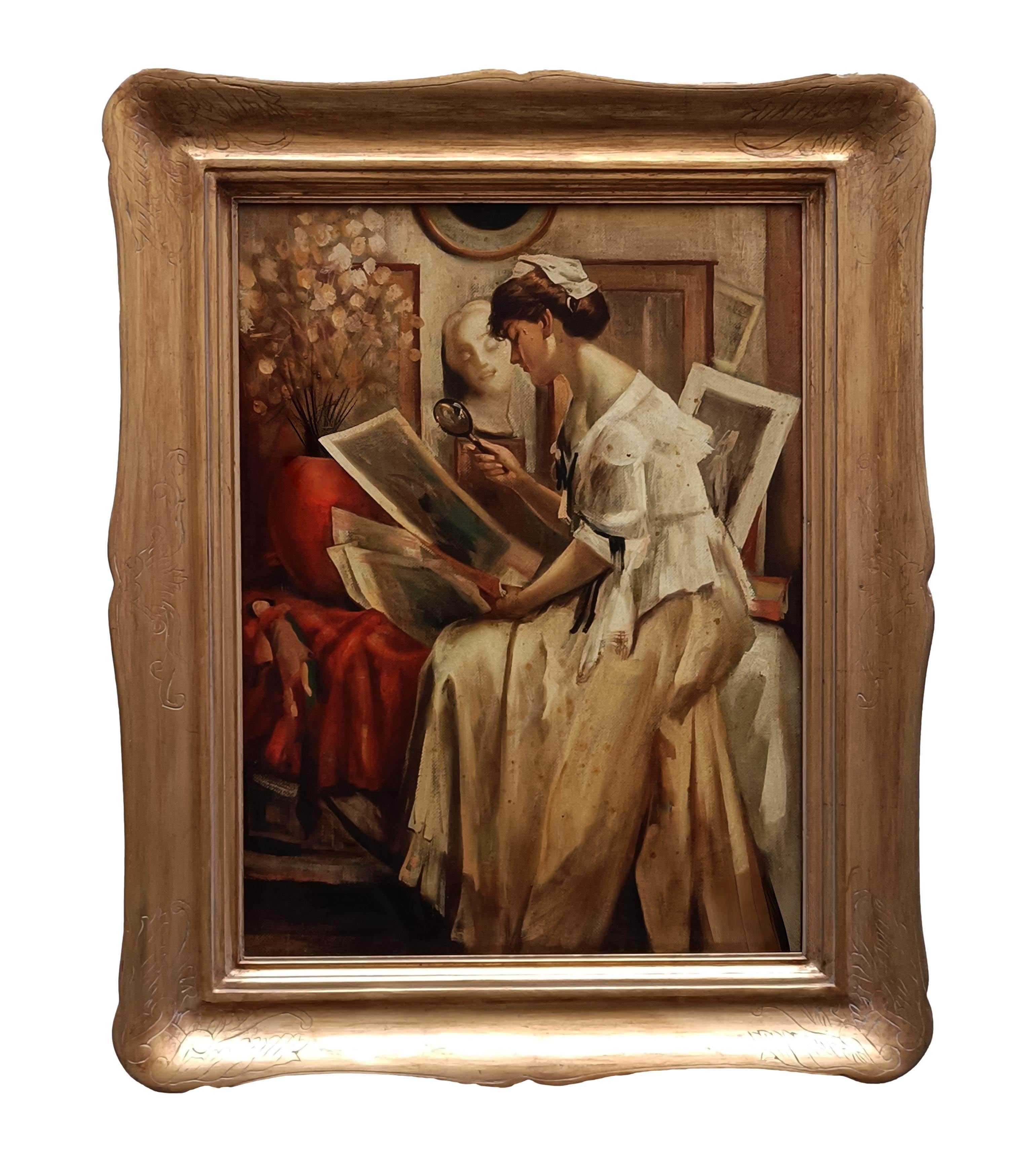 LADY READING - École française - Peinture figurative italienne à l
huile sur toile