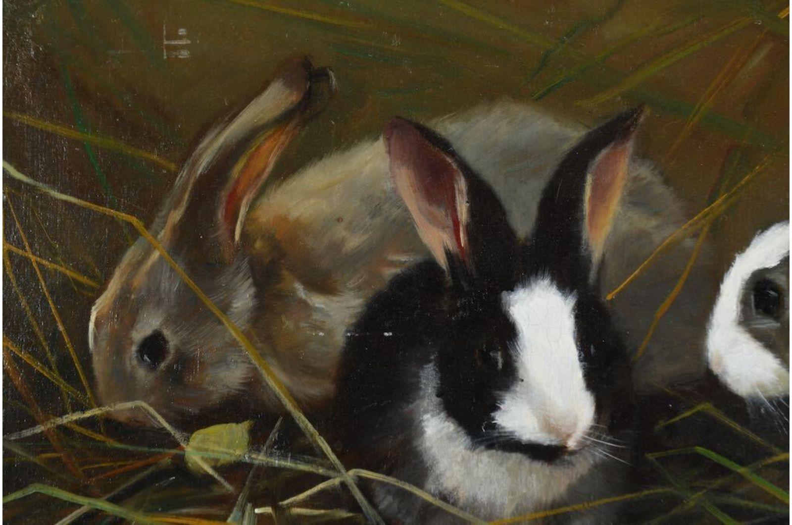 This is an original oil painting by Italian artist Giovanni Sanvitale, featuring a charming scene of two rabbits in a field. The painting is executed in a loose, impressionistic style, with vibrant brushstrokes and a warm color palette. The work is