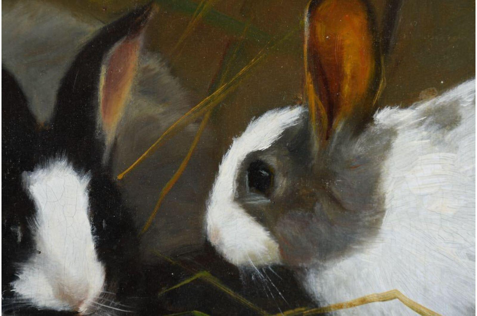 Giovanni Sanvitale Painting Rabbits, Oil on Wood Panel 1H29 In Fair Condition In Bordeaux, FR