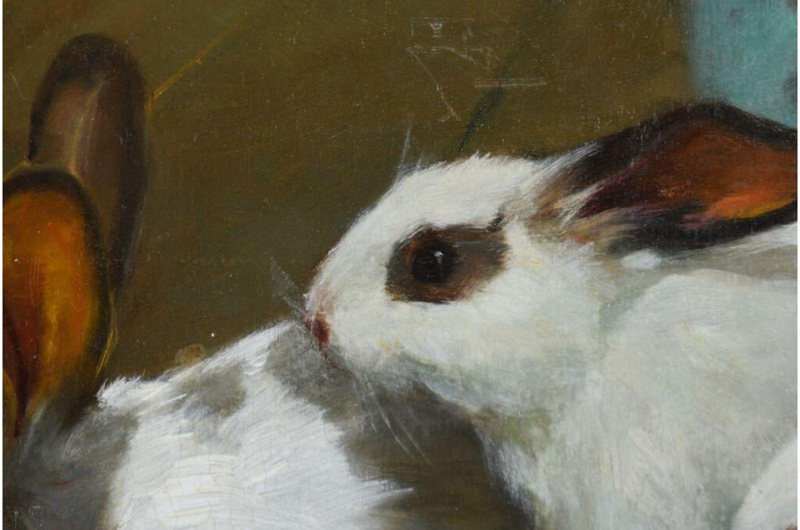 19th Century Giovanni Sanvitale Painting Rabbits, Oil on Wood Panel 1H29