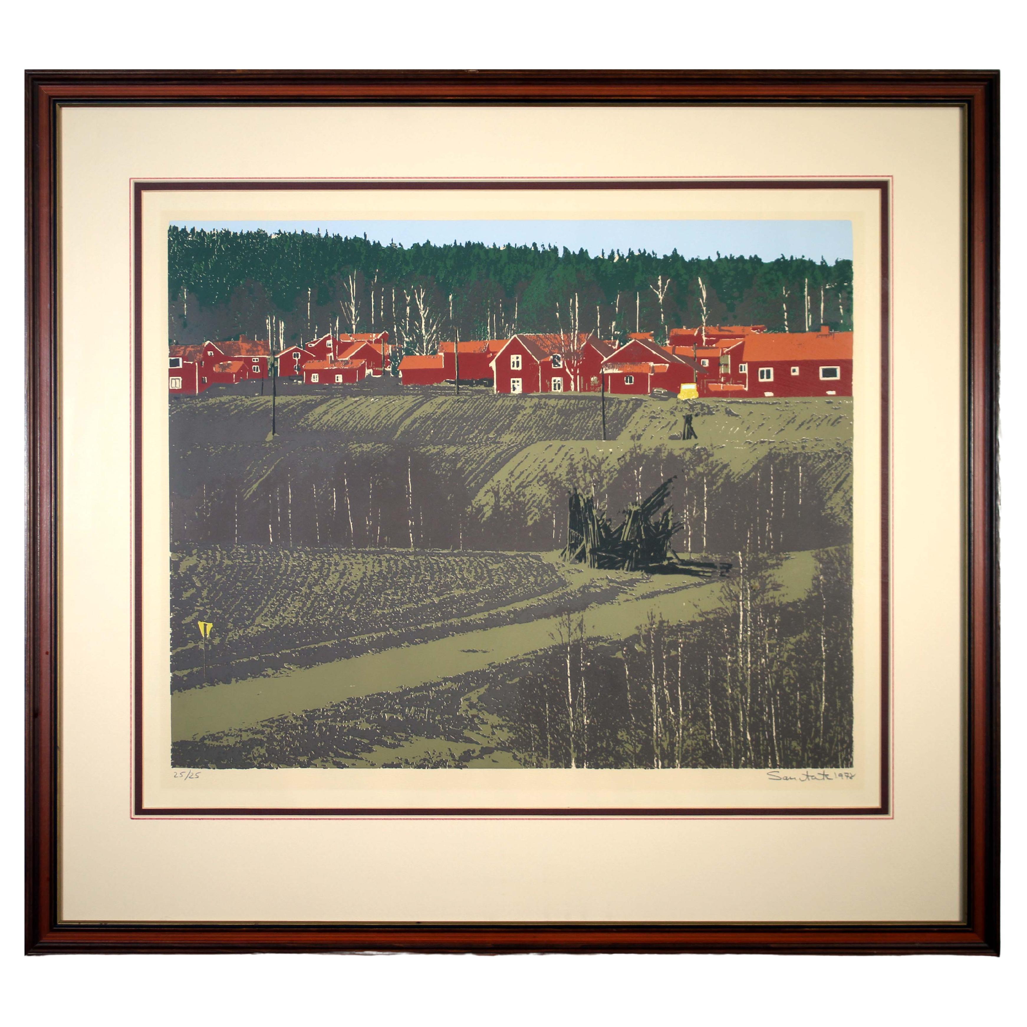 Giovanni Sanvitale Signed Contemporary Barn Houses Lithograph 25/25 Framed 1978 For Sale