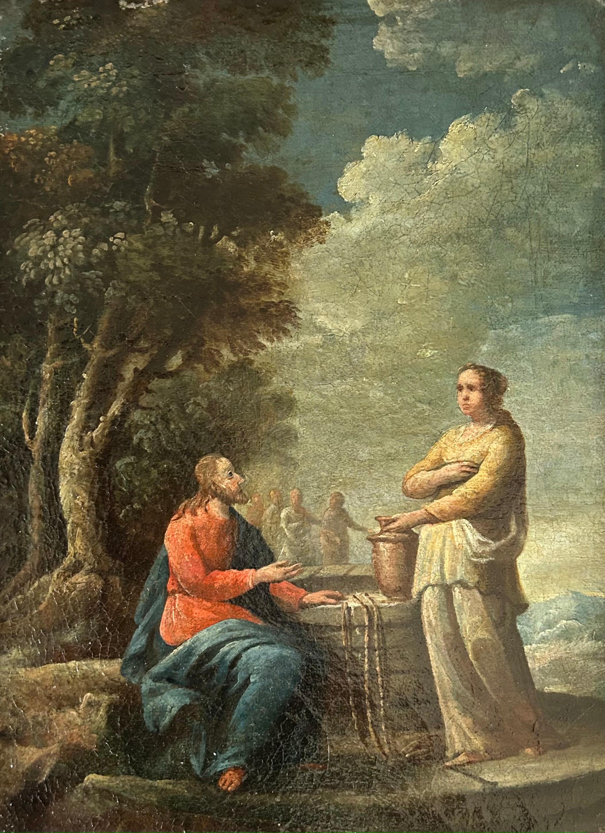 Giovanni Serodine Figurative Painting - "Jesus and the Samaritan woman at Jacob's well", oil on canvas from early 17th c