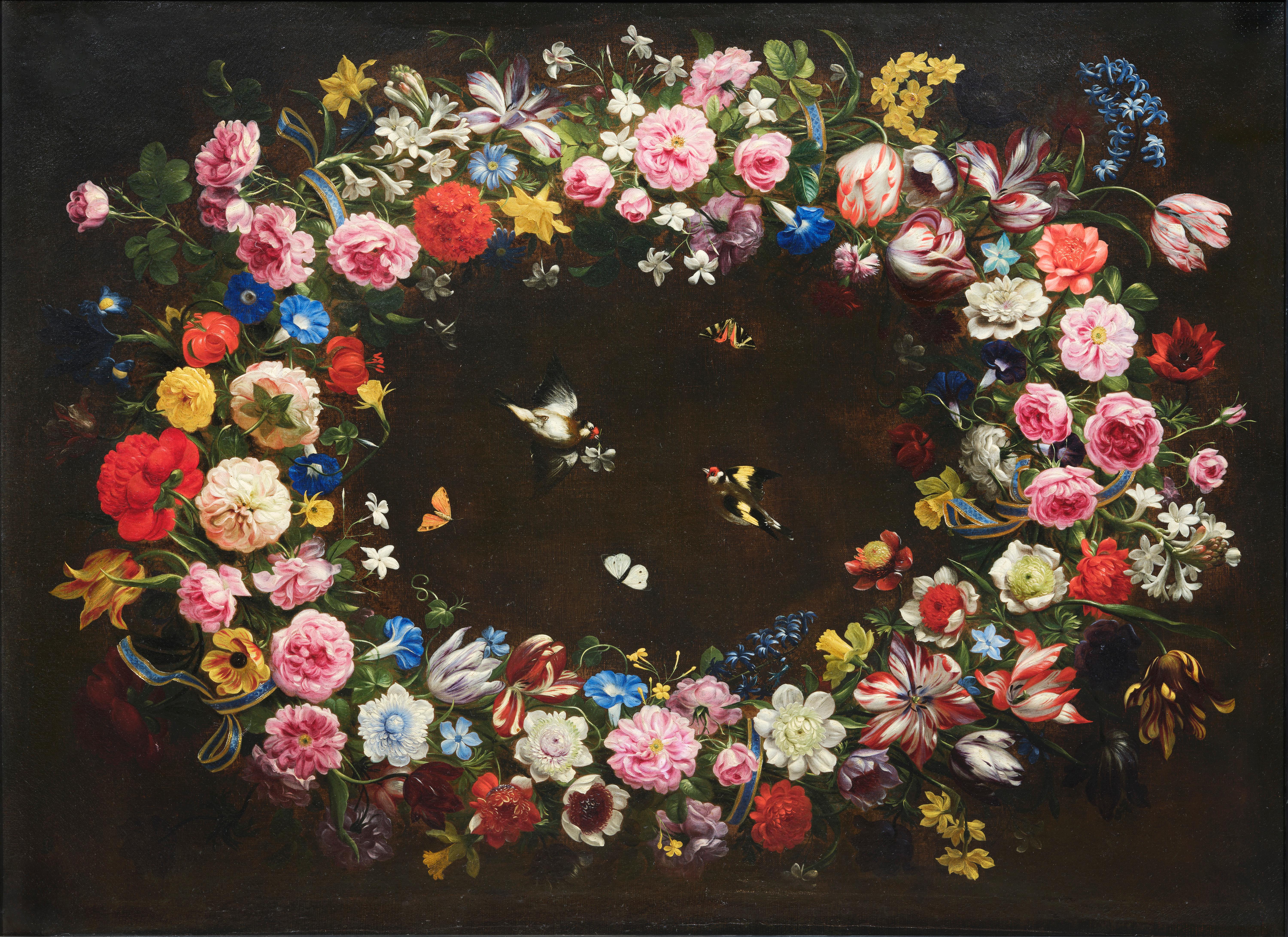 Flower Garland by Giovanni Stanchi, the most Flemish Italian flower painter For Sale 1