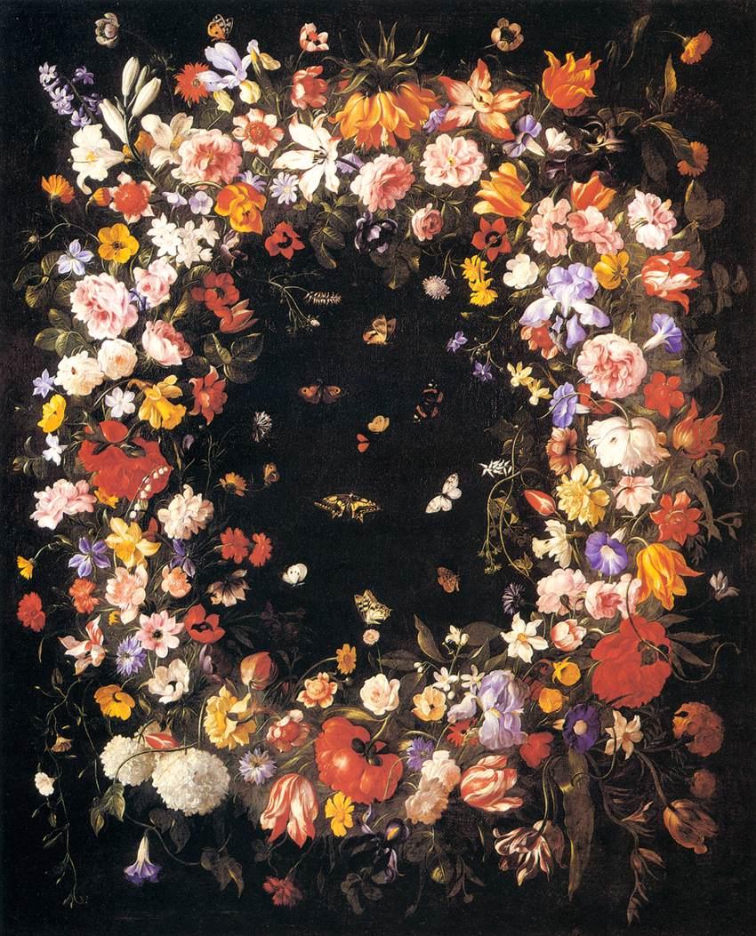 Flower Garland by Giovanni Stanchi, the most Flemish Italian flower painter For Sale 7