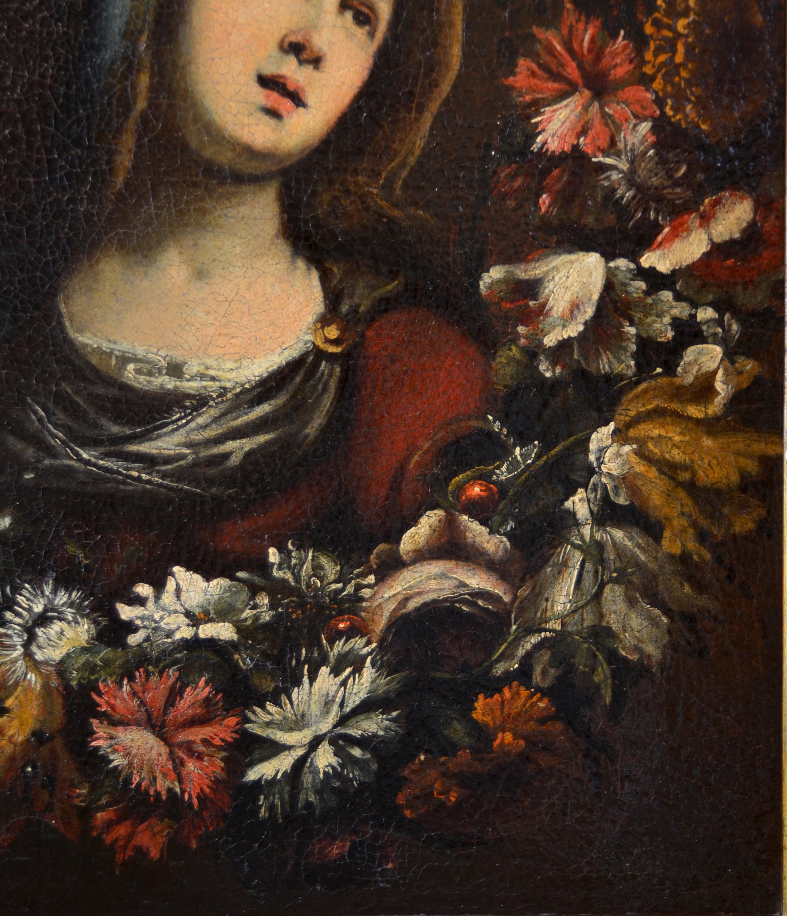 Flower Garland Virgin Paint Oil on canvas Old master 17th Century Italy For Sale 2