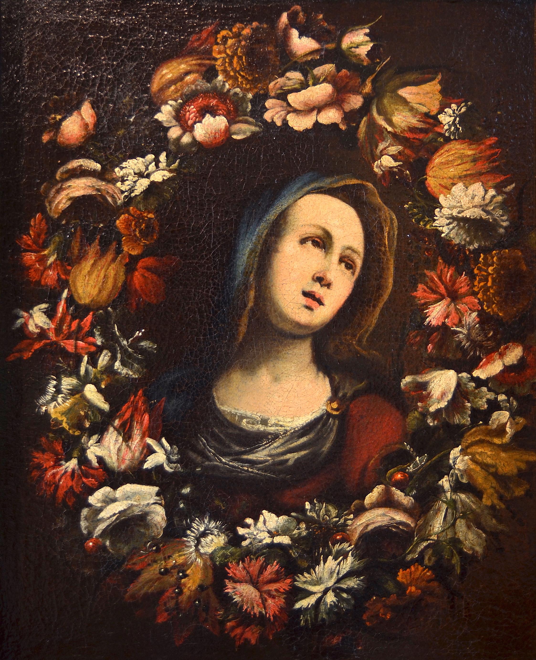 Flower Garland Virgin Paint Oil on canvas Old master 17th Century Italy - Painting by Giovanni Stanchi