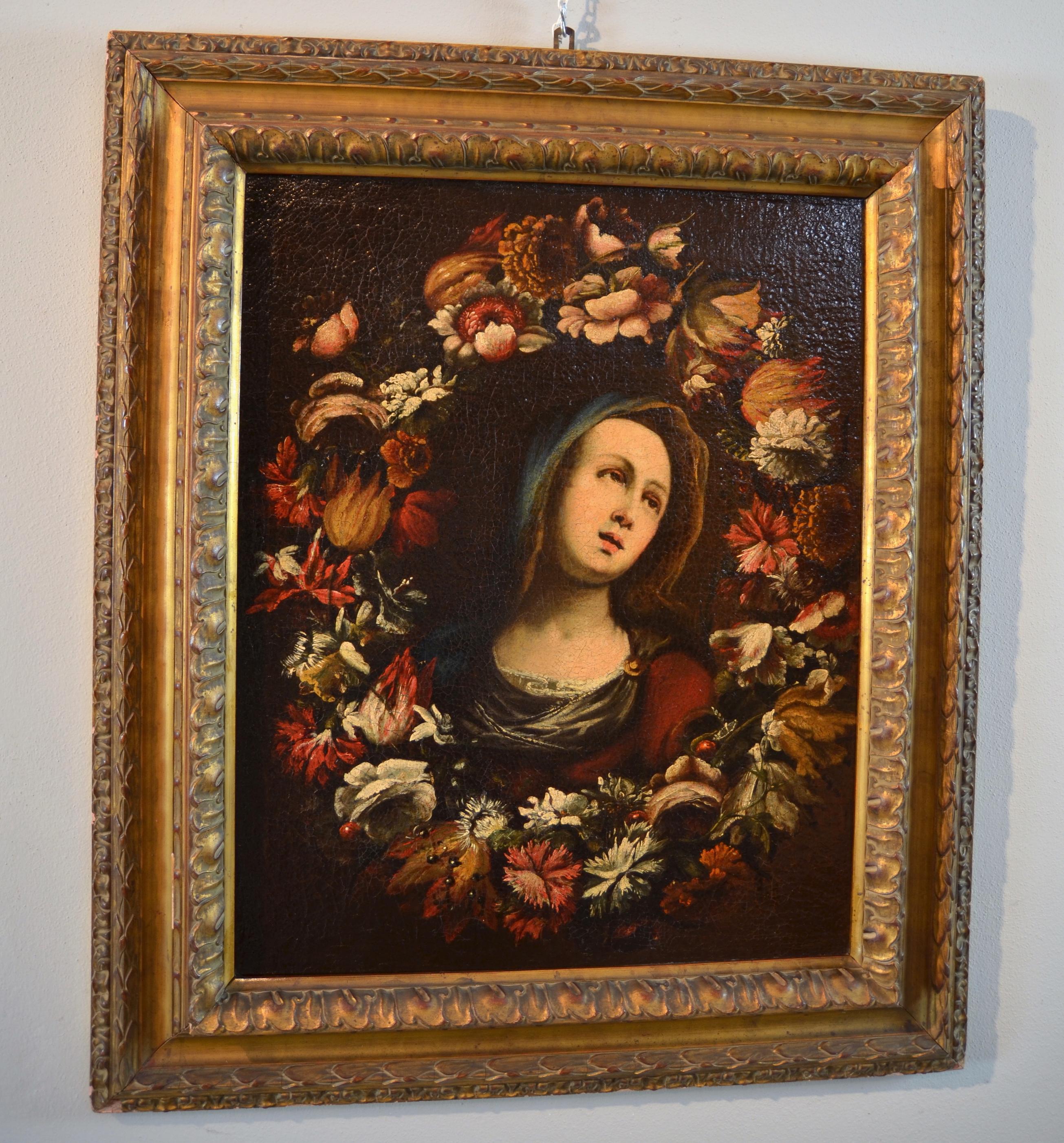 Peinture à l'huile sur toile fleur de guirlande vierge, huile sur toile, maître ancien, XVIIe siècle, Italie - Maîtres anciens Painting par Giovanni Stanchi
