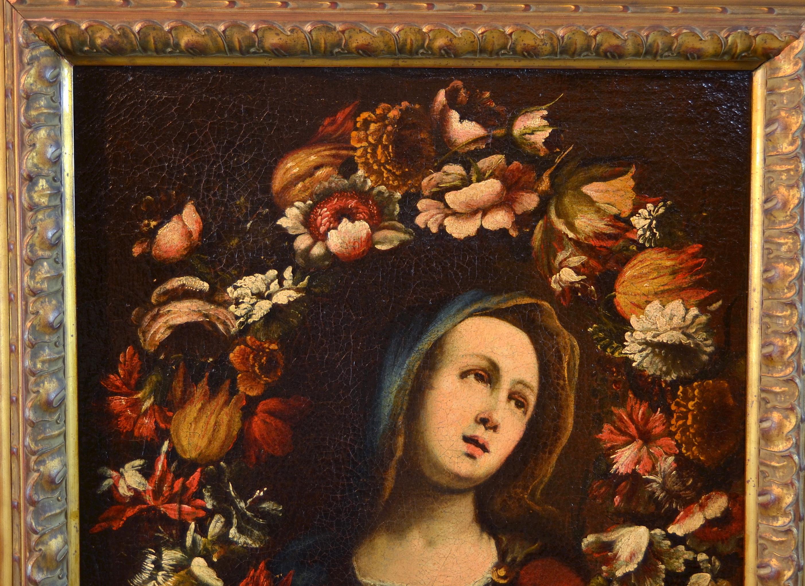 Peinture à l'huile sur toile fleur de guirlande vierge, huile sur toile, maître ancien, XVIIe siècle, Italie - Marron Still-Life Painting par Giovanni Stanchi
