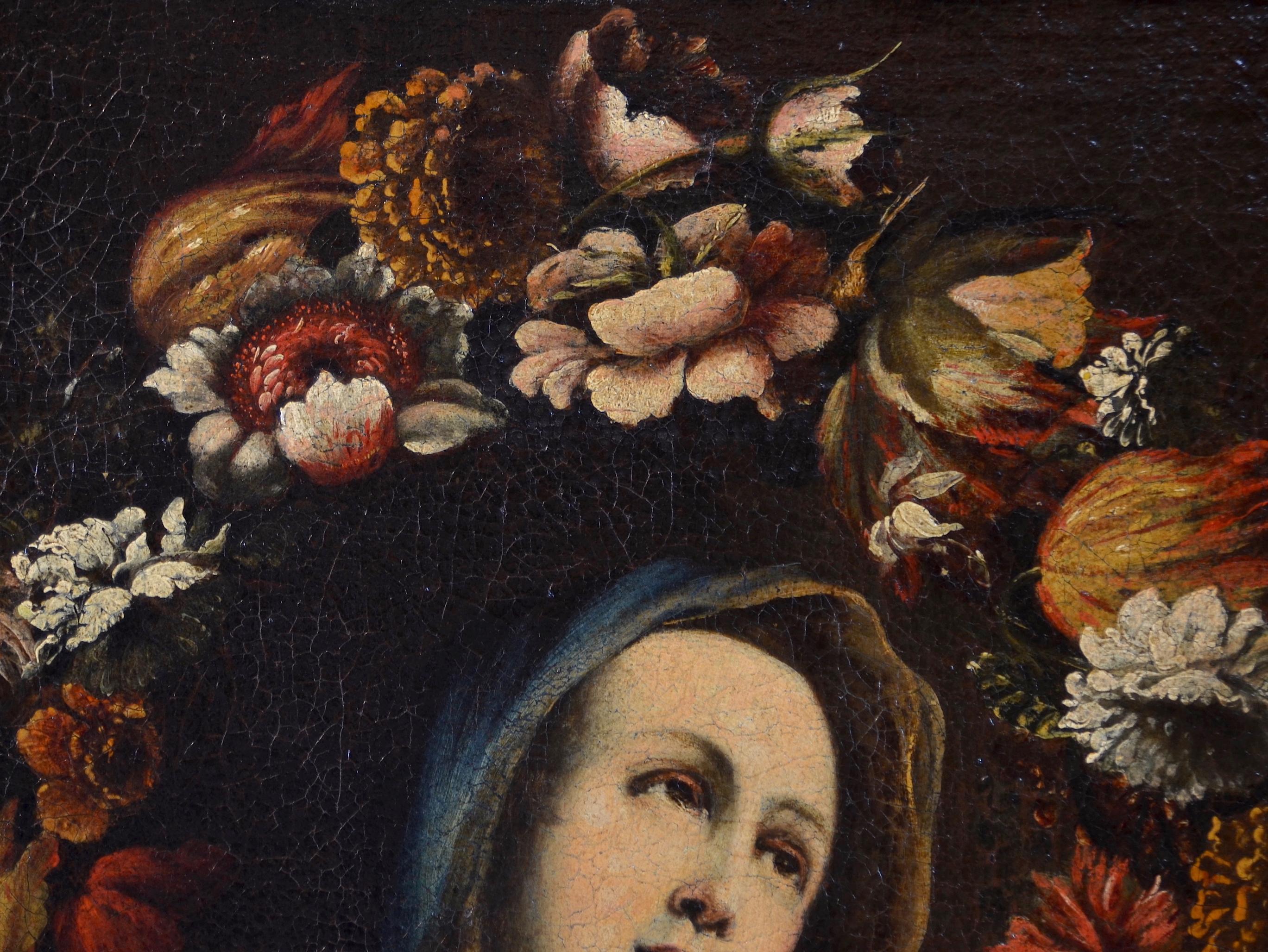 Giovanni Stanchi (Rome 1608 - 1675) ou Niccolò Stanchi (Rome 1623 - 1690), atelier de

GUIRLANDE DE FLEURS AVEC PORTRAIT DE LA VIERGE

Rome, Première moitié du XVIIe siècle

huile sur toile, cm. 73 x 59

encadré cm. 98 x 82

Le tableau examiné est à