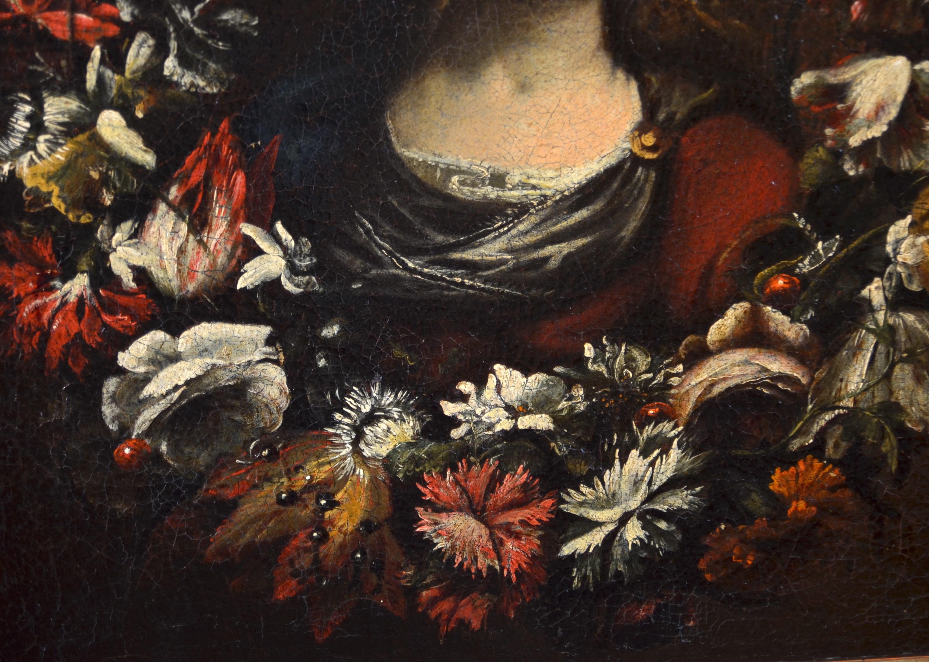 Flower Garland Virgin Paint Oil on canvas Old master 17th Century Italy - Old Masters Painting by Giovanni Stanchi