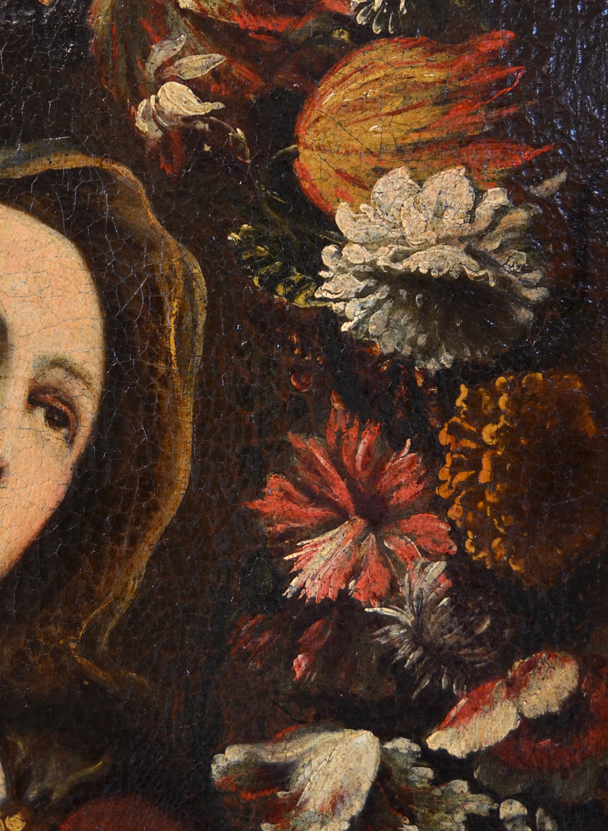 Peinture à l'huile sur toile fleur de guirlande vierge, huile sur toile, maître ancien, XVIIe siècle, Italie en vente 2