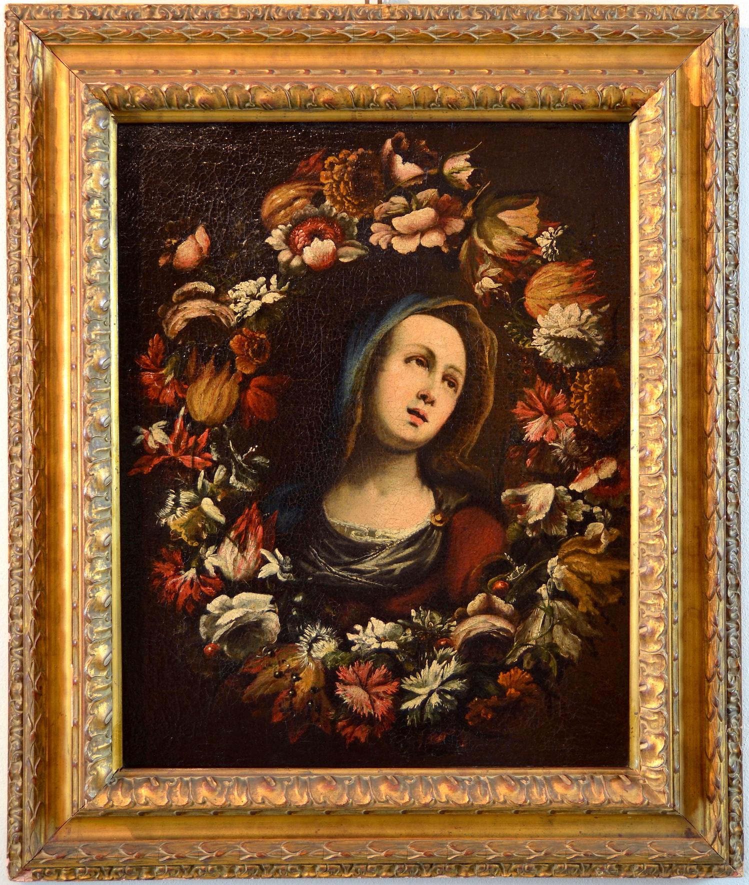 Peinture à l'huile sur toile fleur de guirlande vierge, huile sur toile, maître ancien, XVIIe siècle, Italie