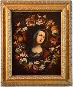 Antique Flower Garland Virgin Paint Oil on canvas Old master 17th Century Italy