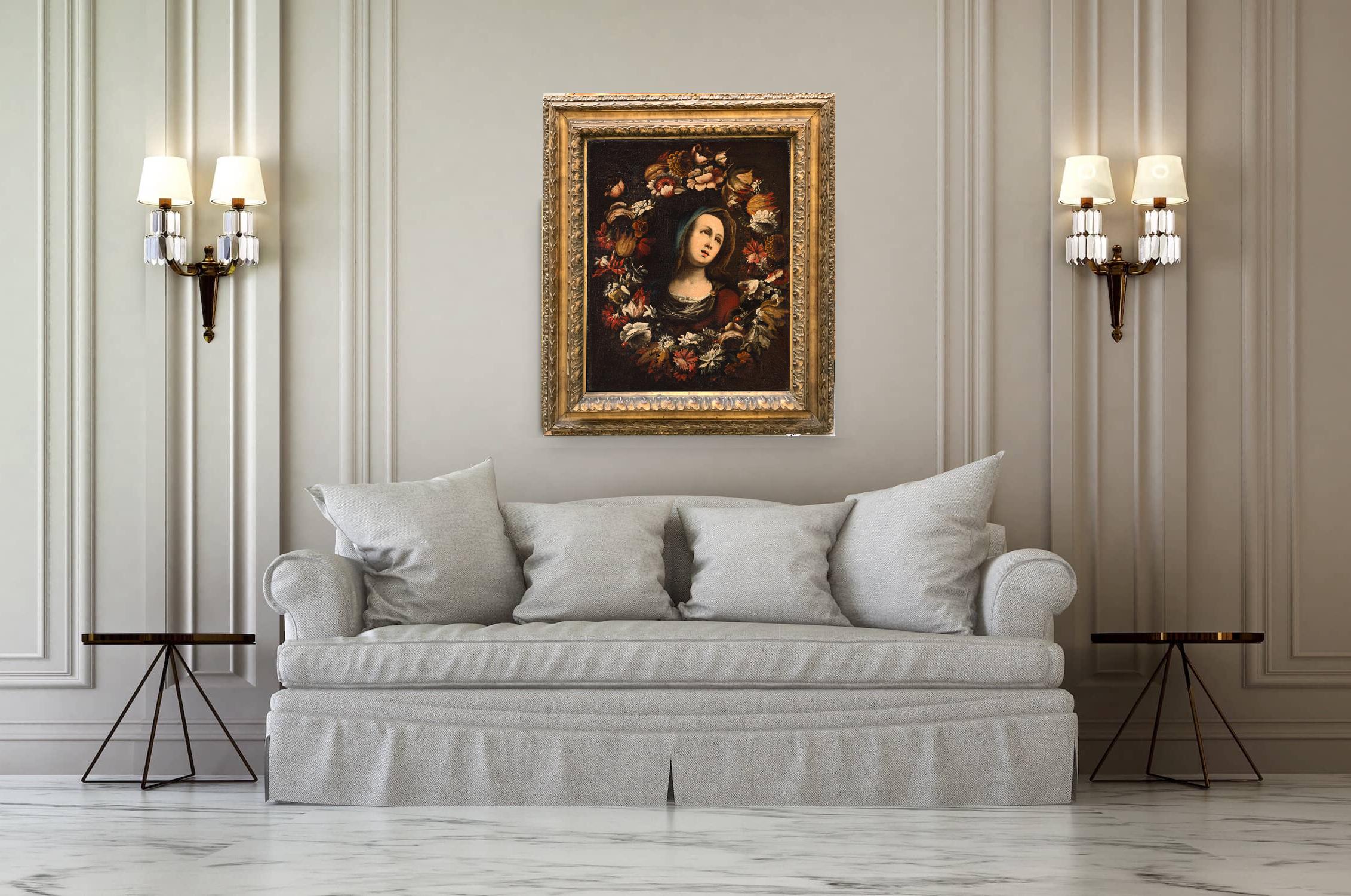 Flower Garland Virgin Paint Oil on canvas Old master 17th Century Italy For Sale 5