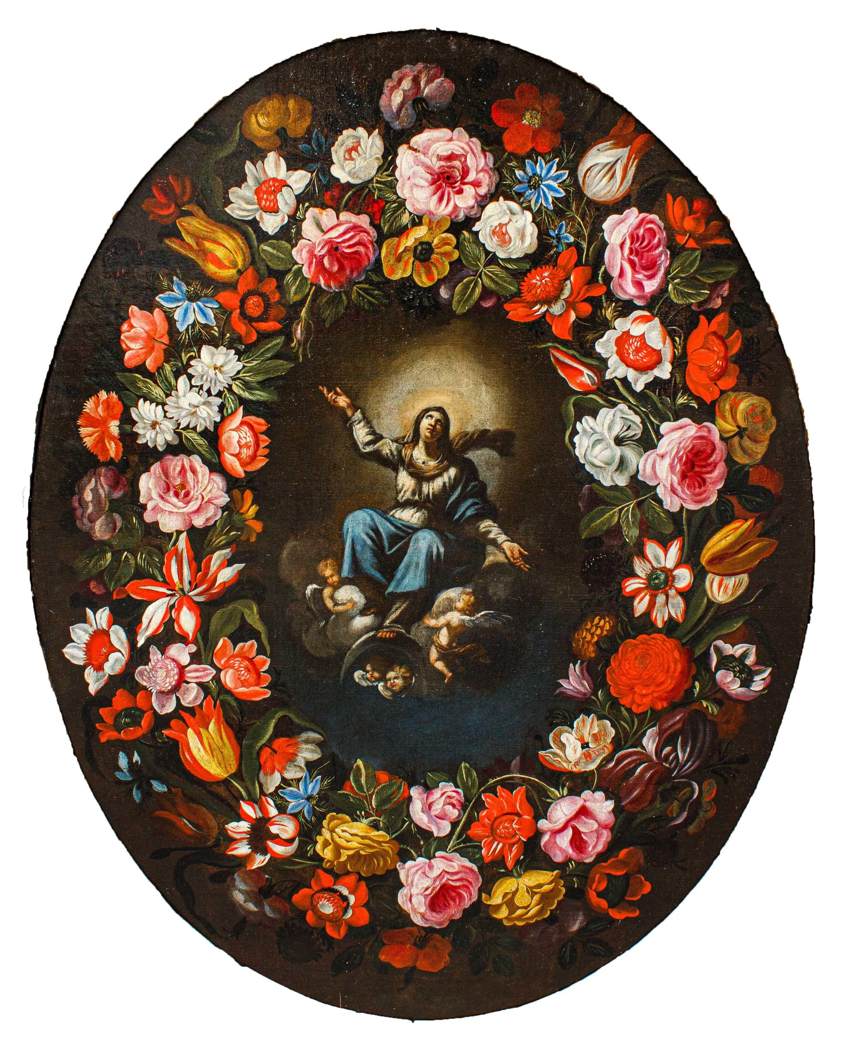 Vierge immaculée dans une guirlande, peinture de Giovanni Stanchi et Girolamo Pesci en vente 1