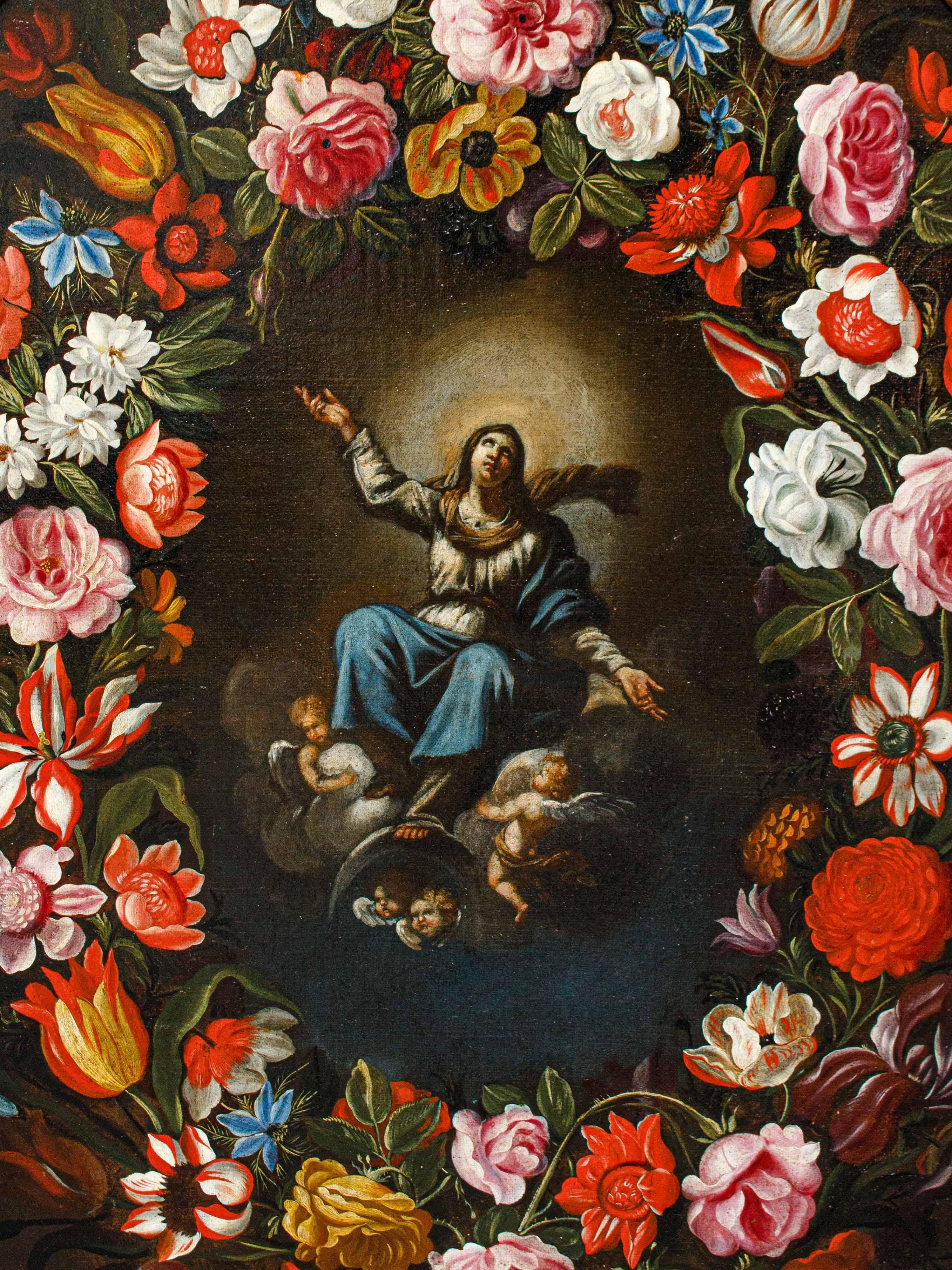 Vierge immaculée dans une guirlande, peinture de Giovanni Stanchi et Girolamo Pesci en vente 2