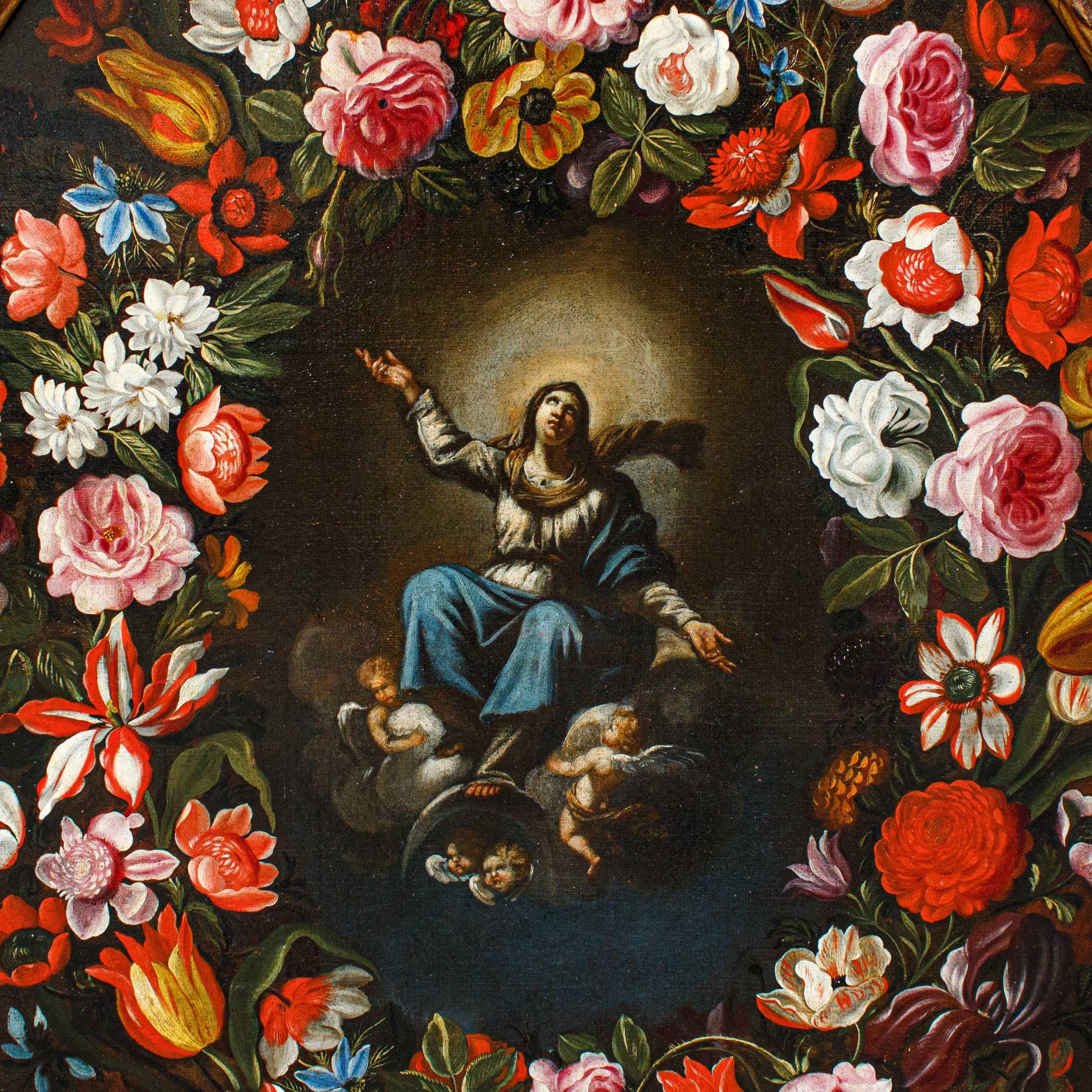 Virgen Inmaculada dentro de guirnalda pintura Giovanni Stanchi y Girolamo Pesci en venta 5
