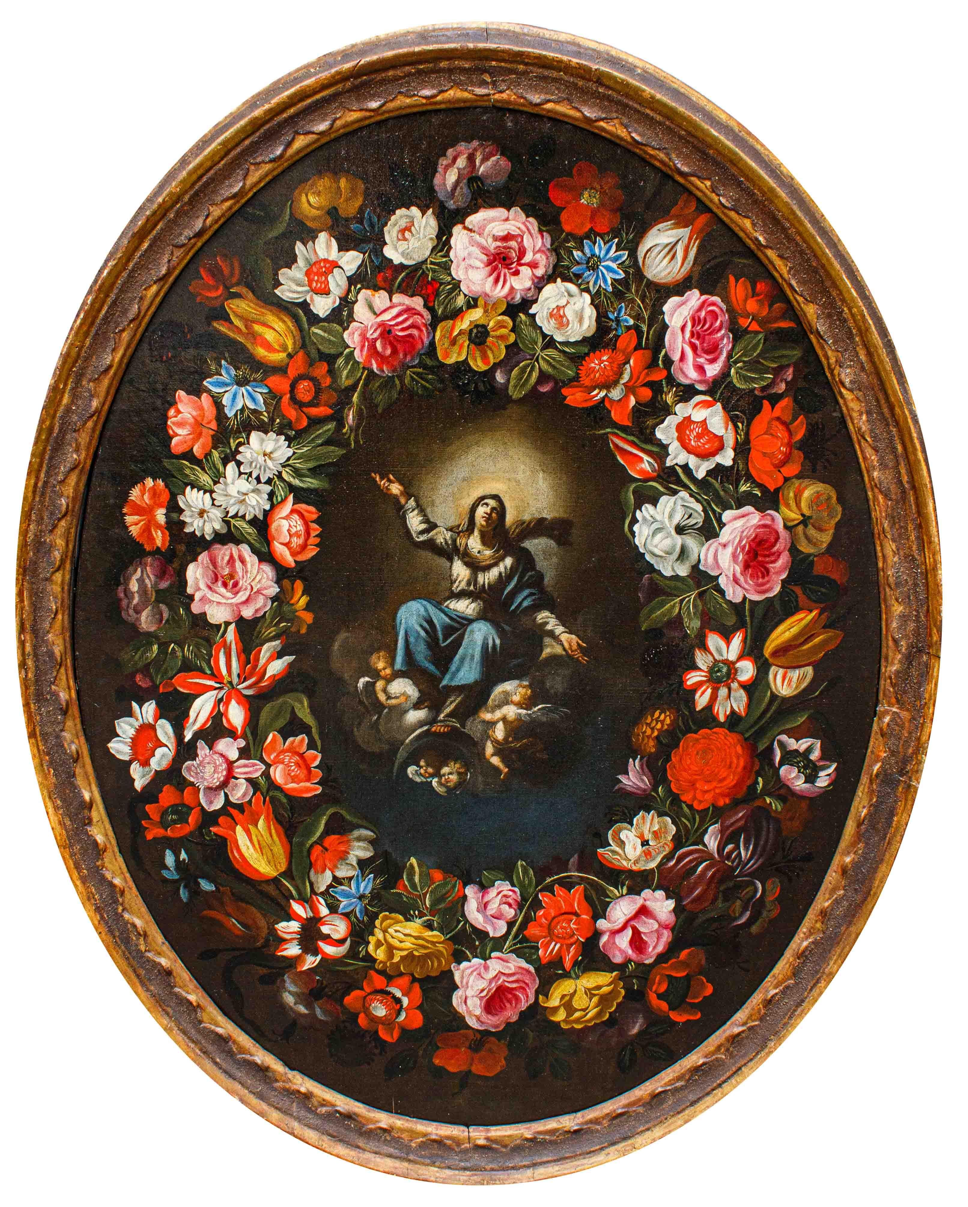 Giovanni Stanchi (Roma, 1608 - 1675) y Girolamo Pesci (Roma, 1679 - 1759)

Virgen Inmaculada dentro de guirnalda floral

Óleo sobre lienzo, 95 x 72 cm

Marco, 106 x 83 cm

Informe pericial del Prof. Emilio Negro

El presente cuadro es el resultado