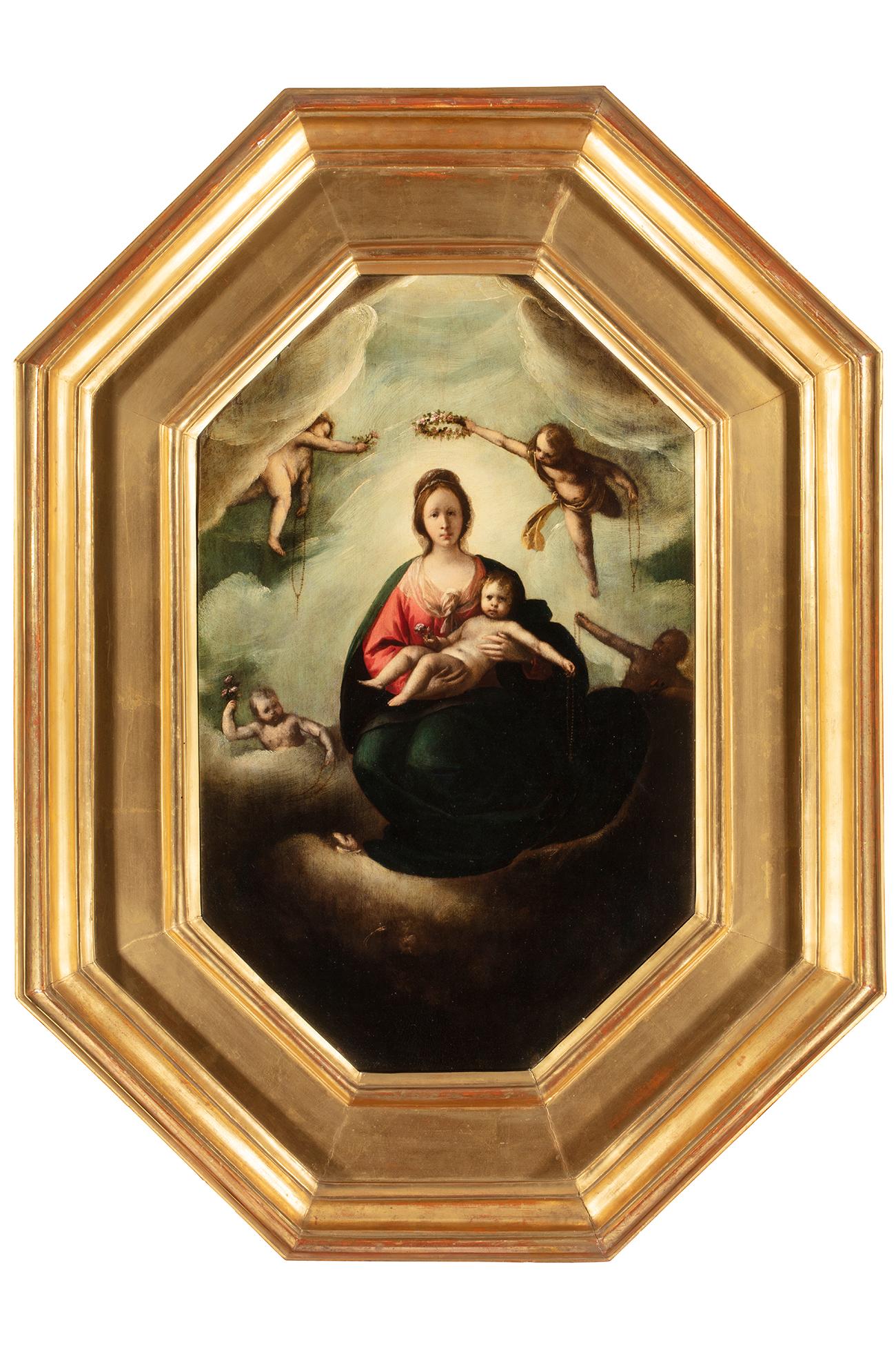 Giovanni Stefano Danedi, detto Montalto (Treviglio, Italia, 1612 - Milano, Italia, 1690)
Titolo: Madonna con Bambino incoronata dagli angeli
Medium: Olio su pannello
Dimensioni: senza cornice 58 x 36 cm - con cornice 83 x 61 cm 
Cornice in legno
