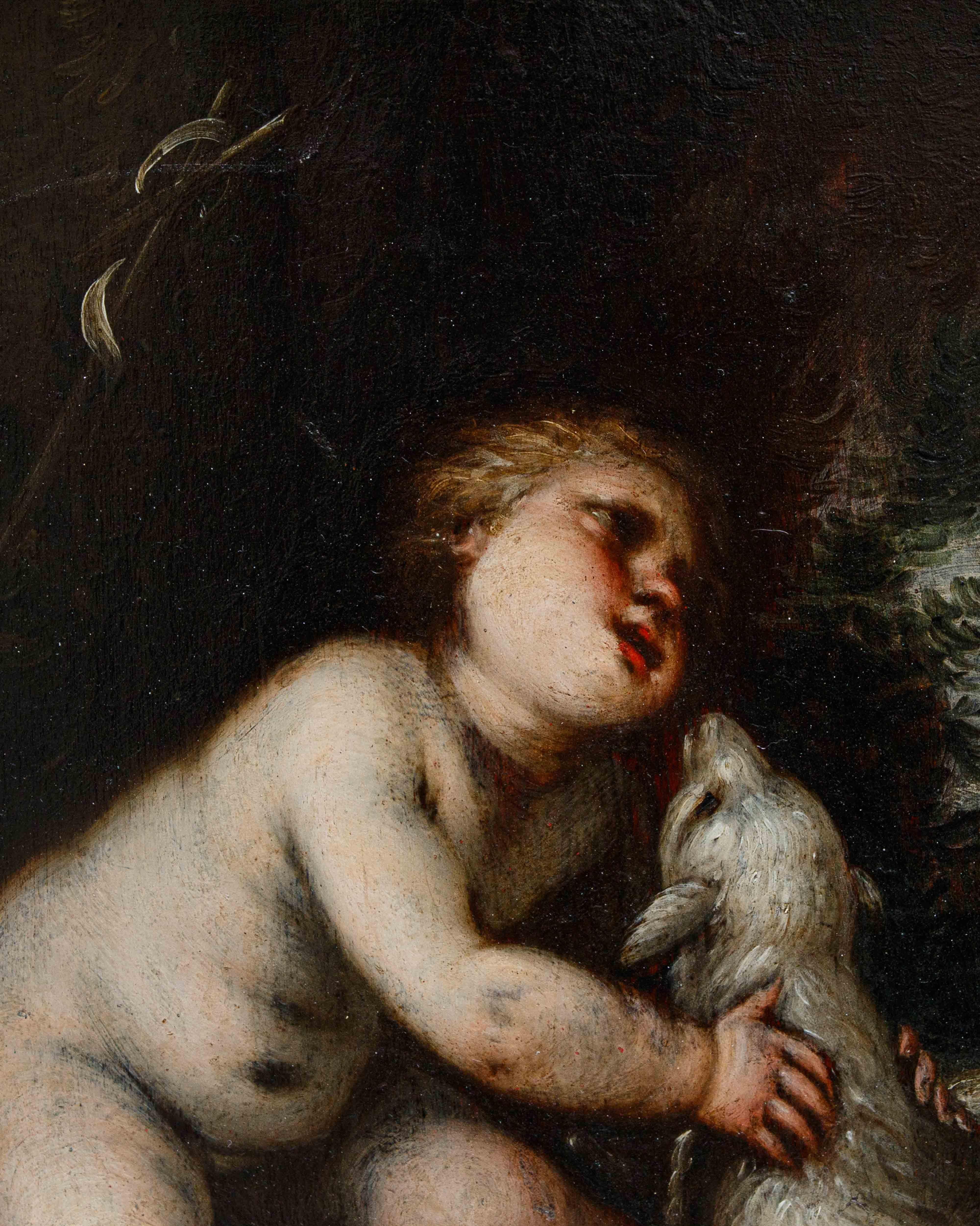 San Giovannino e l'agnello Tafel von Giovanni Stefano Danedi bekannt als Montalto (Brown), Figurative Painting, von Giovanni Stefano Danedi detto il Montalto