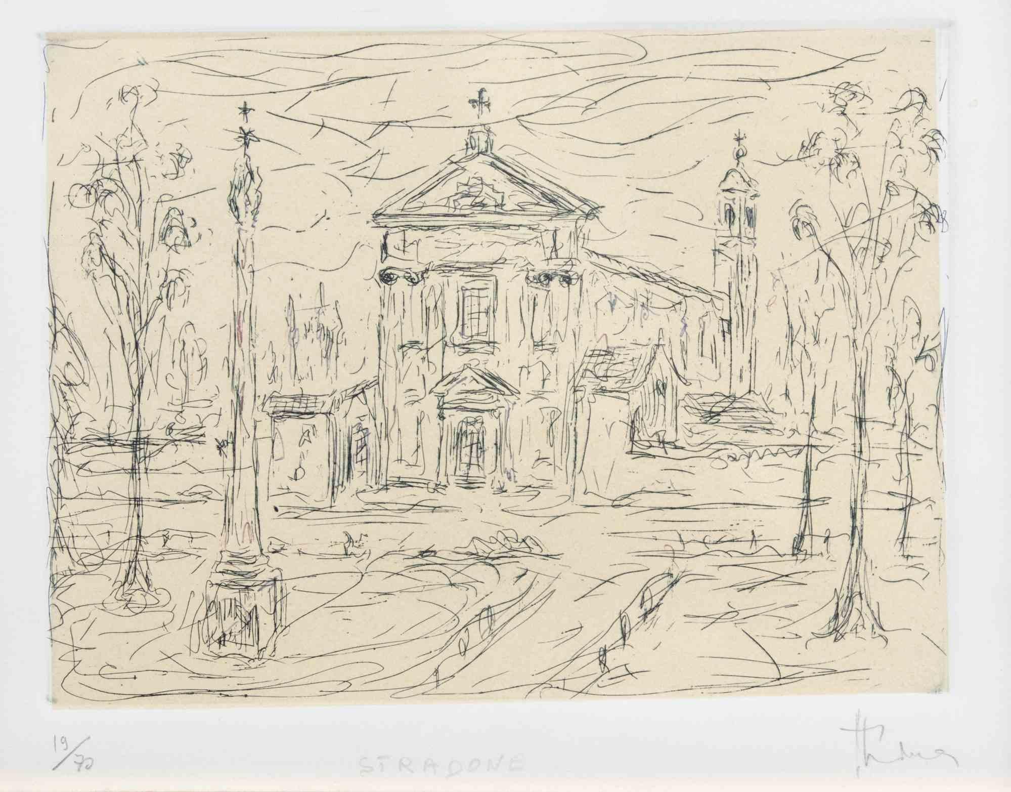 Church - Etching by Giovanni Stradone - Mid-20th Century For Sale 1