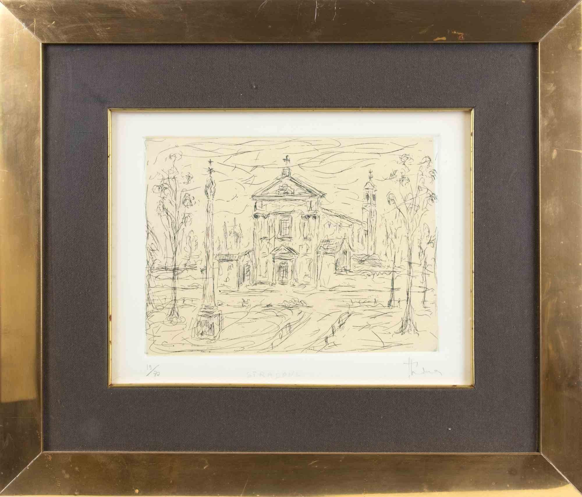 Church is a modern artwork realized by Giovanni Stradone in the mid-20th century

Black and white etching

Hand signed and numbered on the lower margin

Edition of 19/70

Includes frame