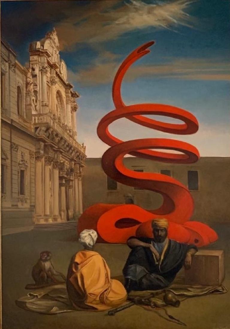 Arredo Urbano Pittura ad olio Roma Italia Ritratto Scimmia Surrealista In magazzino - Painting di Giovanni Tommasi Ferroni