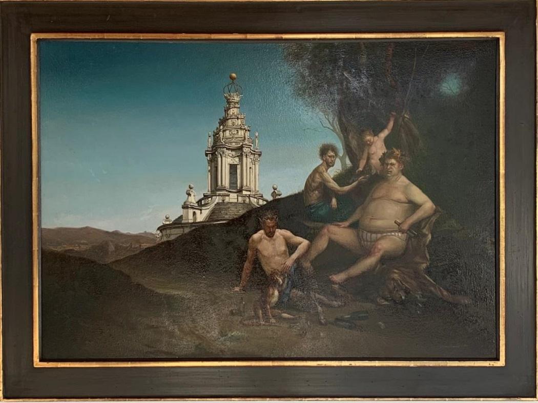 Figurative Painting Giovanni Tommasi Ferroni - Peinture à l'huile sur toile de Baccanale Romano, paysage de Rome, mythologie, en stock