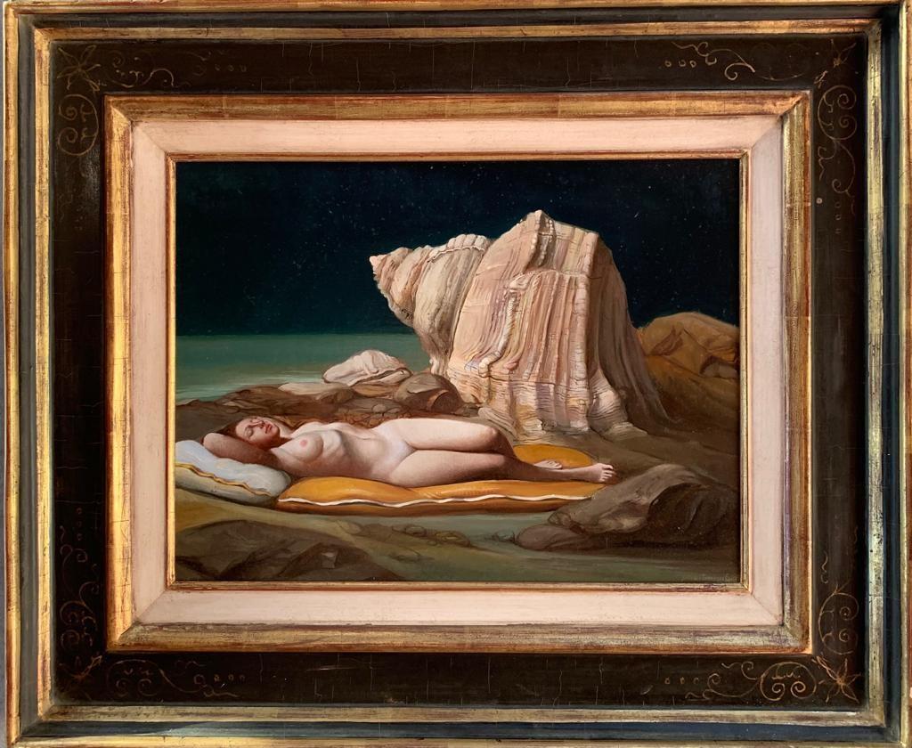 Giovanni Tommasi Ferroni Nude Painting - Bagnante Addirmentata Bathing Nude Woman Oil Painting Rome In Stock