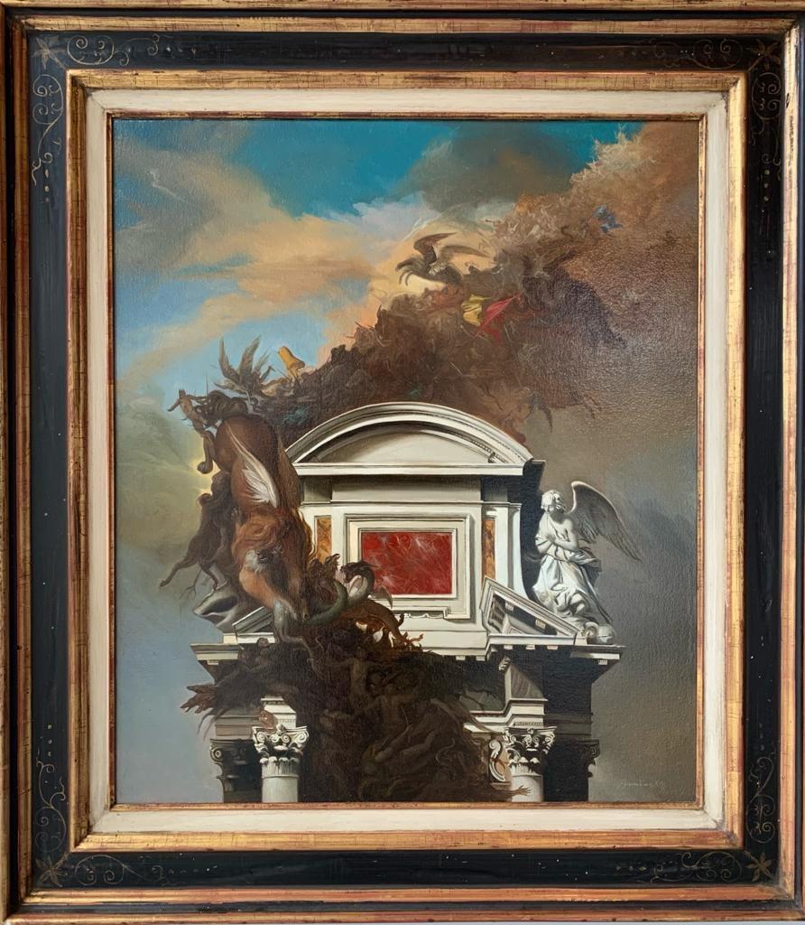 Landscape Painting de Giovanni Tommasi Ferroni - Bataglia Aerea Pintura al Óleo sobre Lienzo Roma Mitología Arquitectura En Stock
