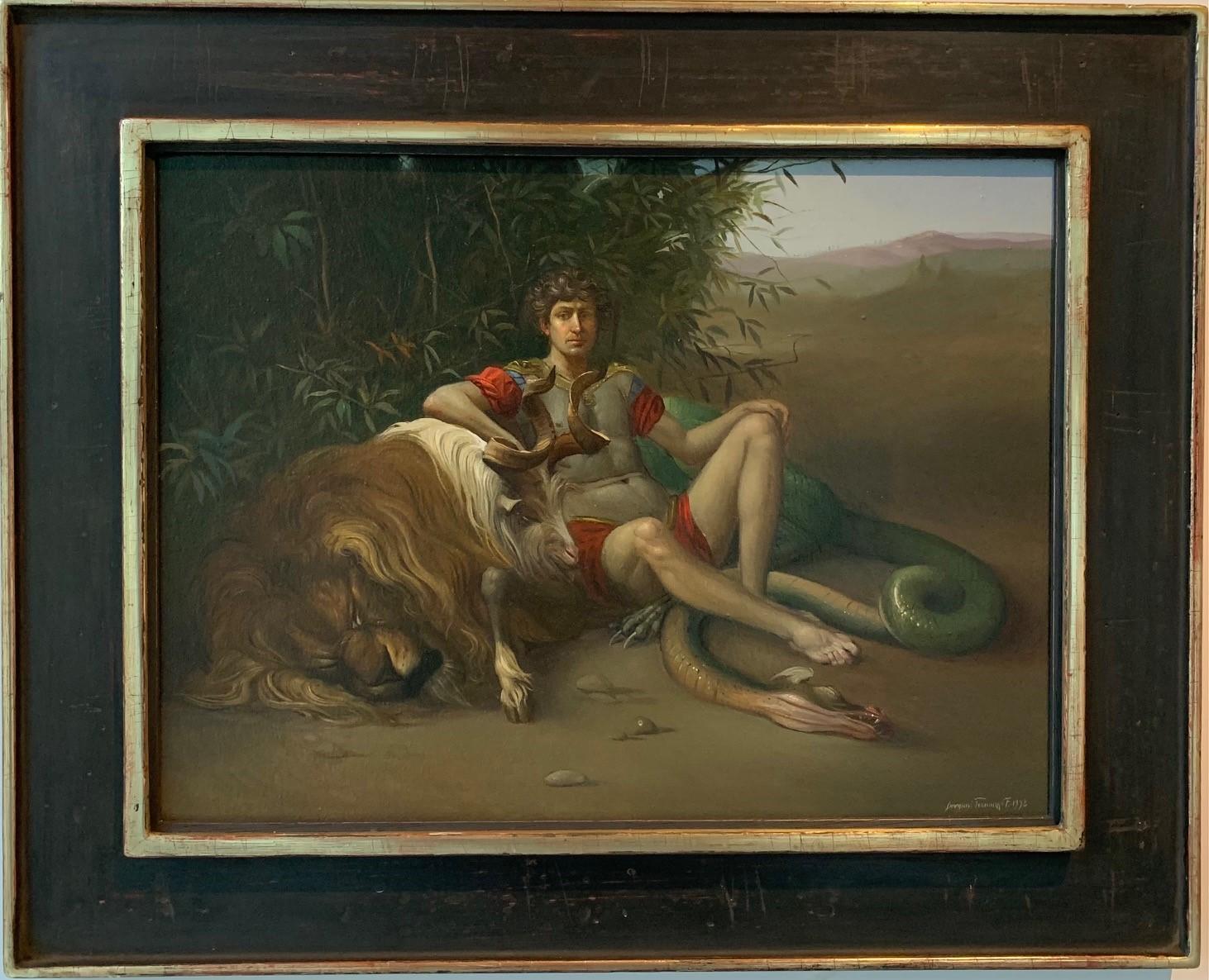 Giovanni Tommasi Ferroni Figurative Painting - Bellerofante e la Chimera Oil Painting on Canvas Lion Dragon Mythology In Stock 