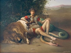 Bellerofonte e la Chimera Oil Painting on Canvas Lion Dragon Mythology In Stock