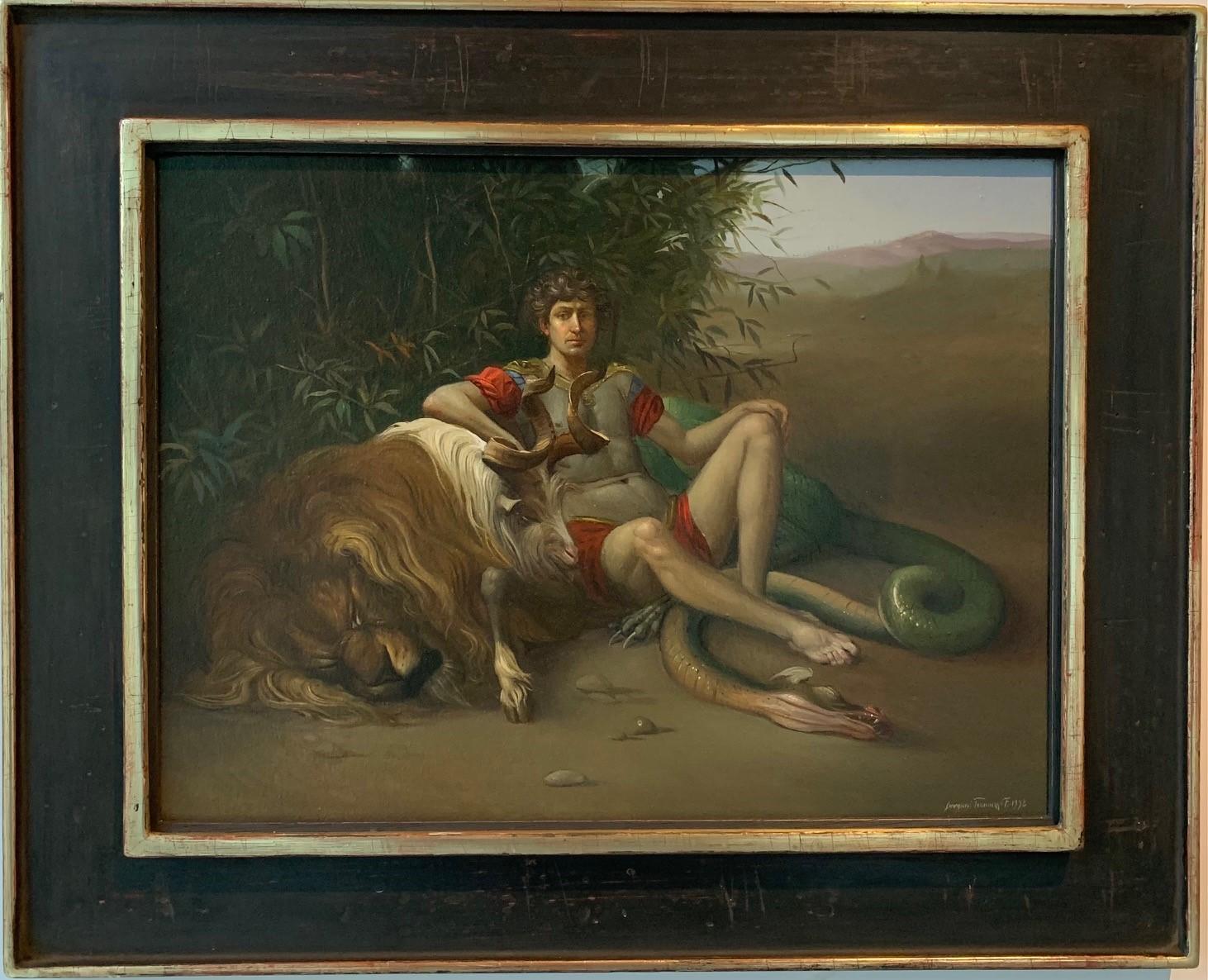 Figurative Painting de Giovanni Tommasi Ferroni - Bellerofonte e la Chimera Pintura al Óleo sobre Lienzo León Dragón Mitología En Stock