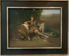 Peinture à l'huile sur toile Bellerofonte e la Chimera mythologie du lion dragon, en stock 